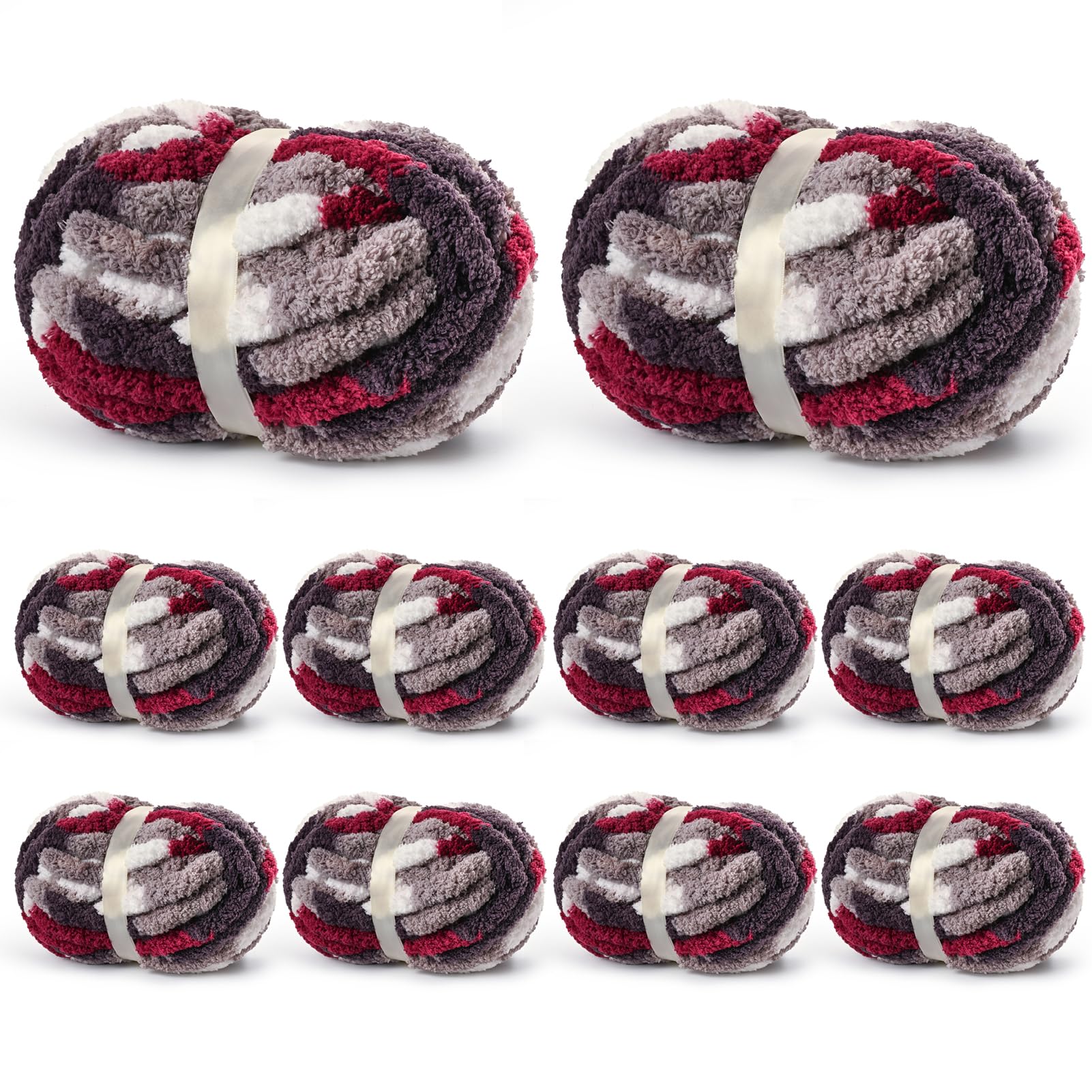 OMoiut 10-Pack Jumbo Chunky Chenille Yarn White Grey Wine Red