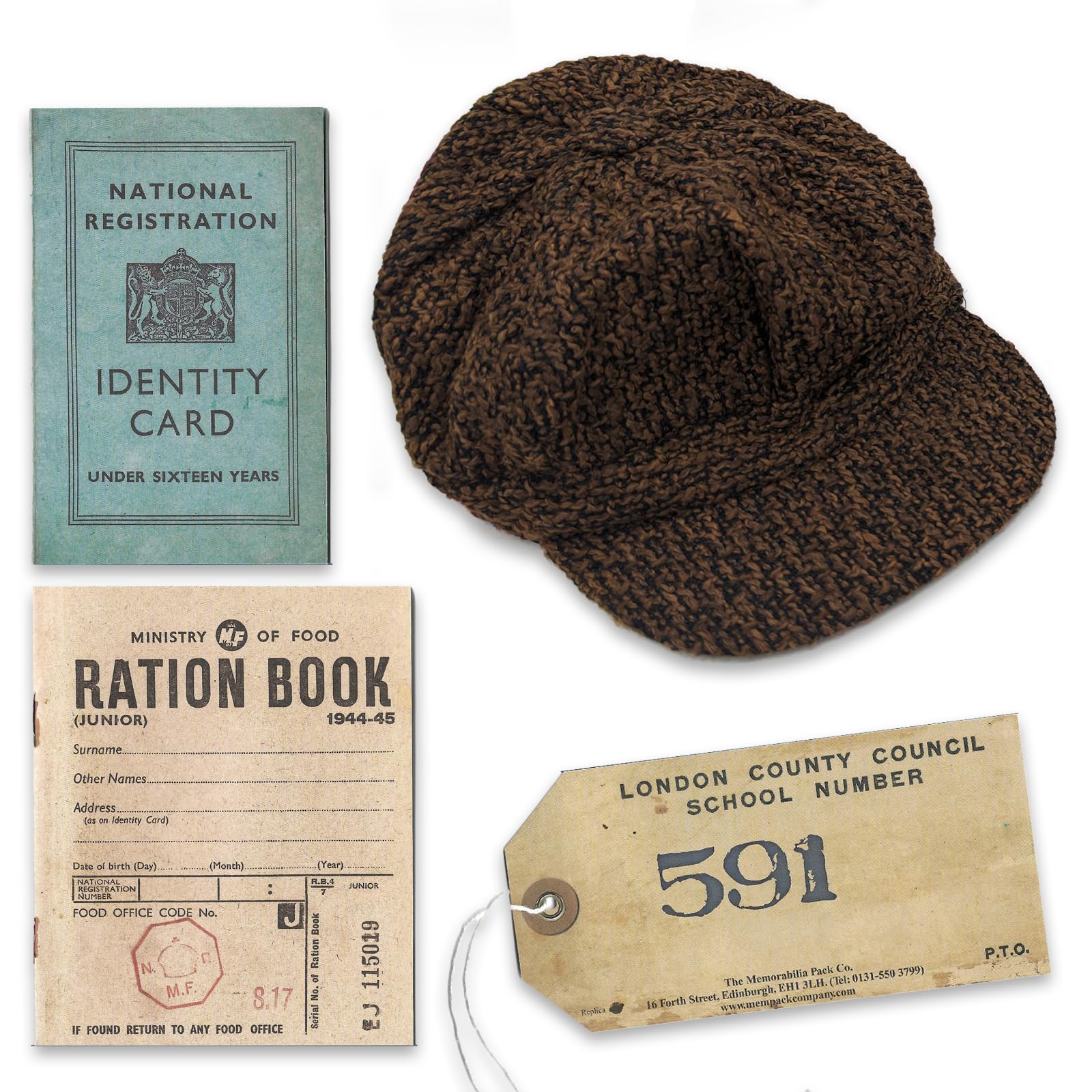 World War Two Evacuee Memorabilia Bundle | 1940s Fancy Dress, WW2 Costumes for Kids, Evacuee Costume Boys - Includes Replica Identity Card, Ration Book, Evacuee Tag and Flat Cap