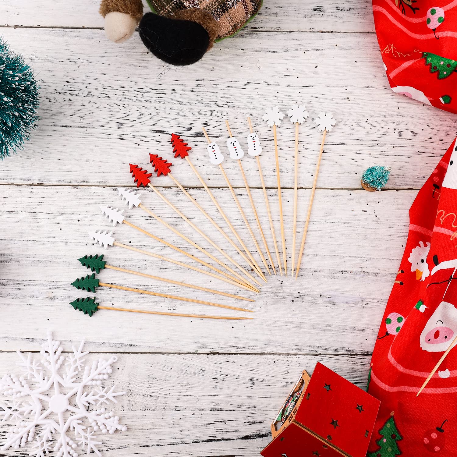 100 Pics à Cocktail De Noël En Bambou - Motifs Flocon, Bonhomme De Neige, Sapin - Longueur 12 Cm - Pour Apéritifs, Fruits, Décorations De Fête