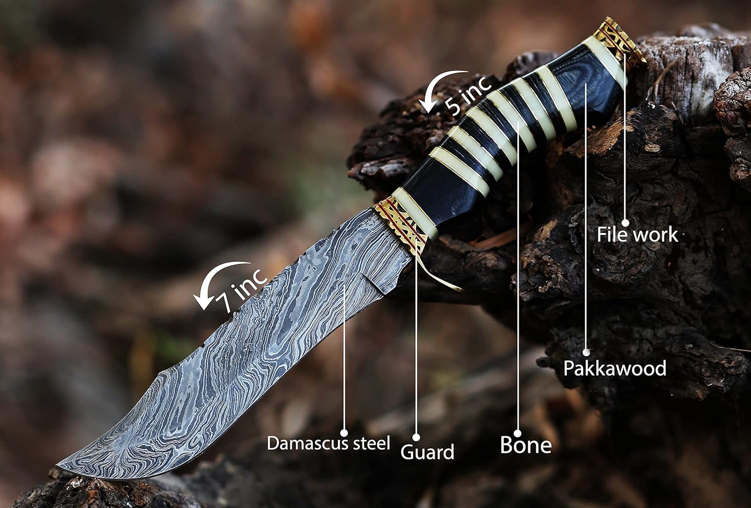 12" Long clip point Damascus Steel blade Hunting Knife, Blue colored wood and Camel bone scale crafted with brass spacer, Engraved Brass finger Guard and Pommel, Leather sheath included
