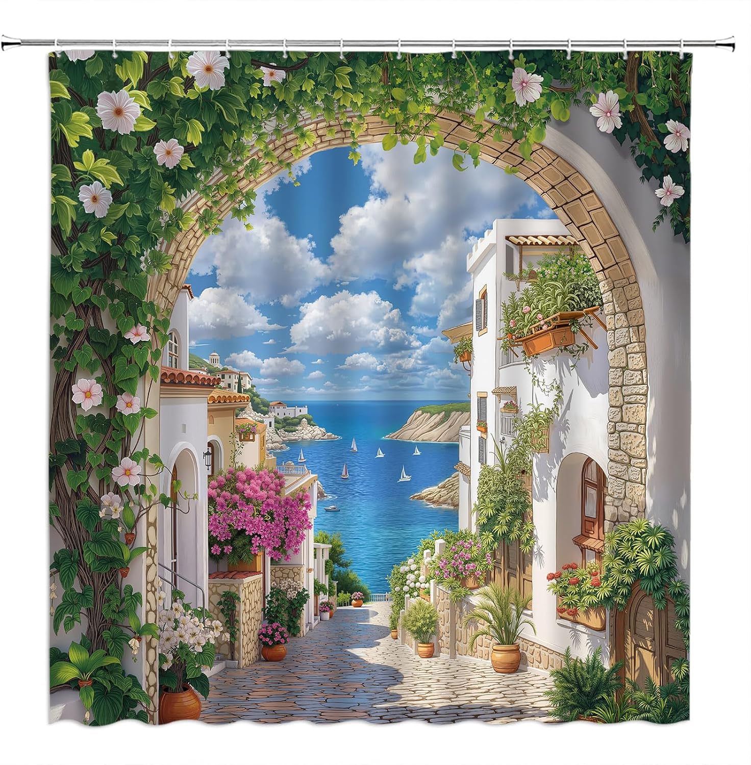 Coastal Landscape Shower Curtain Italy Seaside Town Street Santorini Green Plant Leaves Vine Flowers Natural Scenery Fabric Bathroom Decor Curtain with Hooks,108X70(WXH) Inches