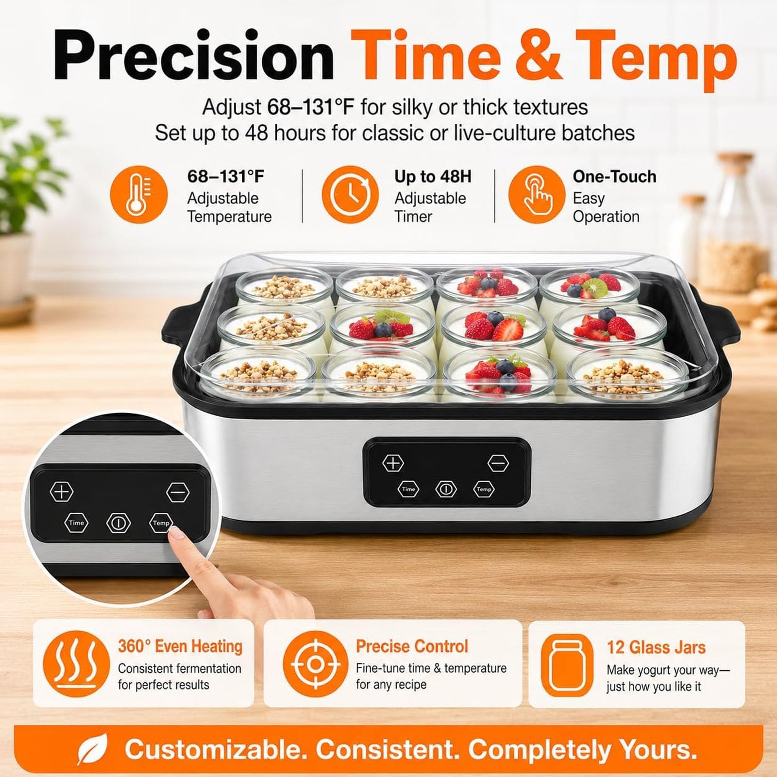Yaourtière 12 x 180 ml, machine à yaourt avec contrôle réglable du temps et de la température sur 48 heures, arrêt automatique et température constante, pour dessert grec fait maison