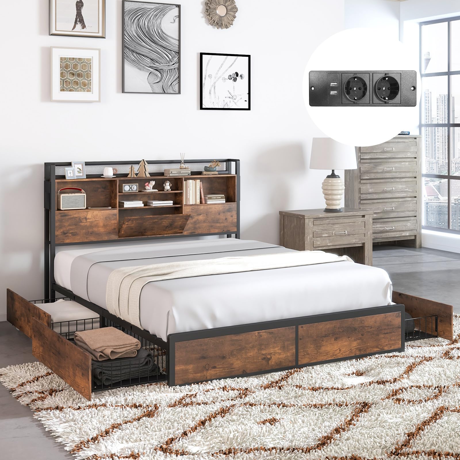 Letto Matrimoniale Con 4 Cassetti E Luci LED - 200x160 Cm, Testiera Con Presa - Foto 5