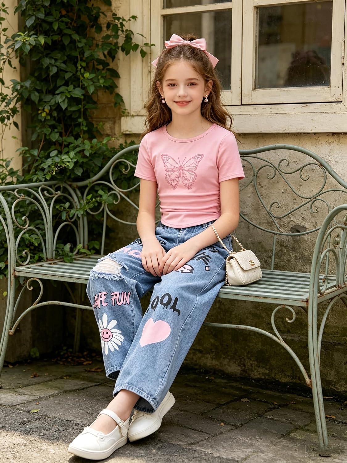 Teen Girls 2PCS Outfits Butterfly Print Crop Tops & Graffiti Ripped Wide Leg Denim Pants Girls Clothing Set 7-14Y image 5