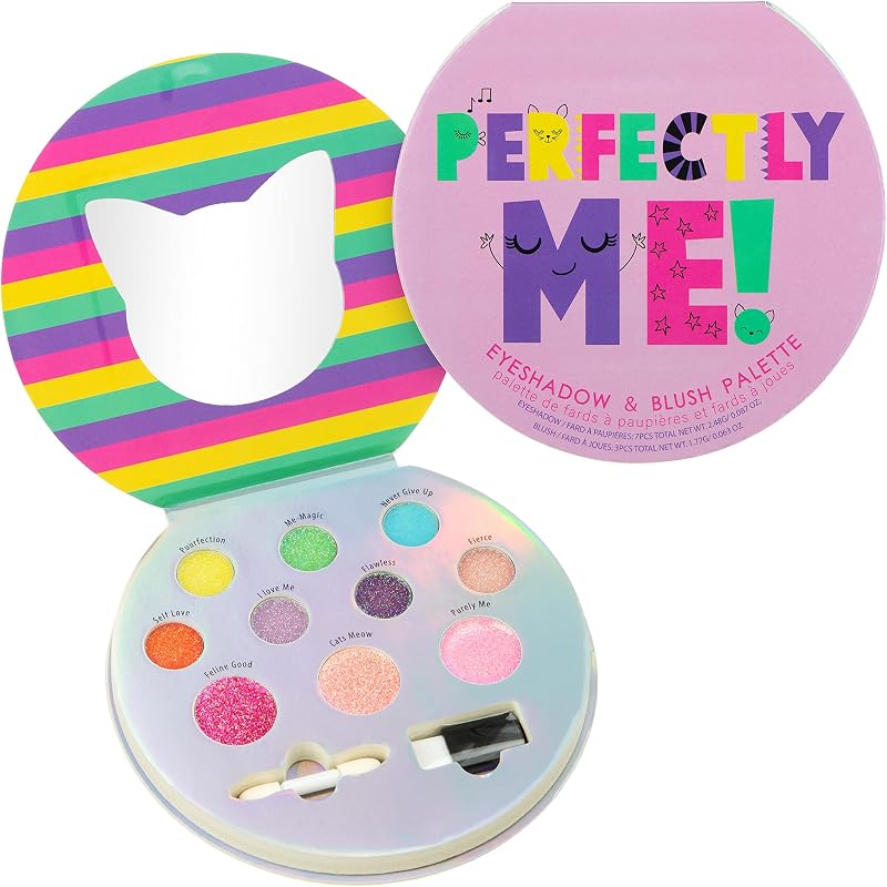 Perfectly Me Glisten & Glitter Makeup Palette - 10 Color Eyeshadow & Blush | 10 Color Eyeshadow & Blush Novelty Beauty Set. Fold-Out Compact with Mirror. Washable & Non-Toxic Gift for Girls & Kids