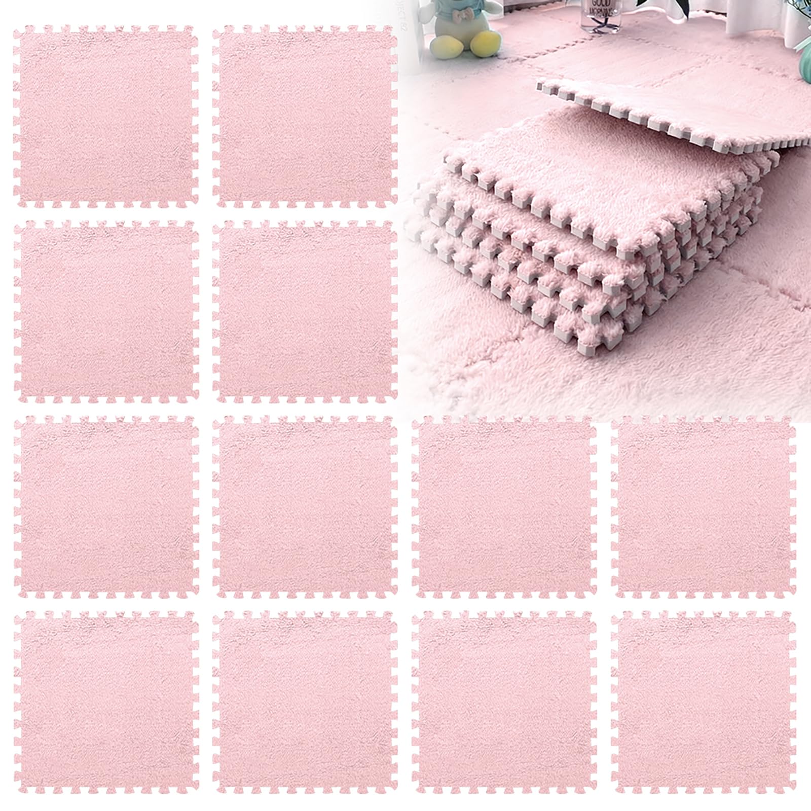 12 Pezzi Tappeto Puzzle in EVA, Tappeti Puzzle in Peluche Interconnessi, 30x30cm Tappeto Gioco Antiscivolo per Camera da Letto, Soggiorno e Cameretta Bambini (Rosa Chiaro)