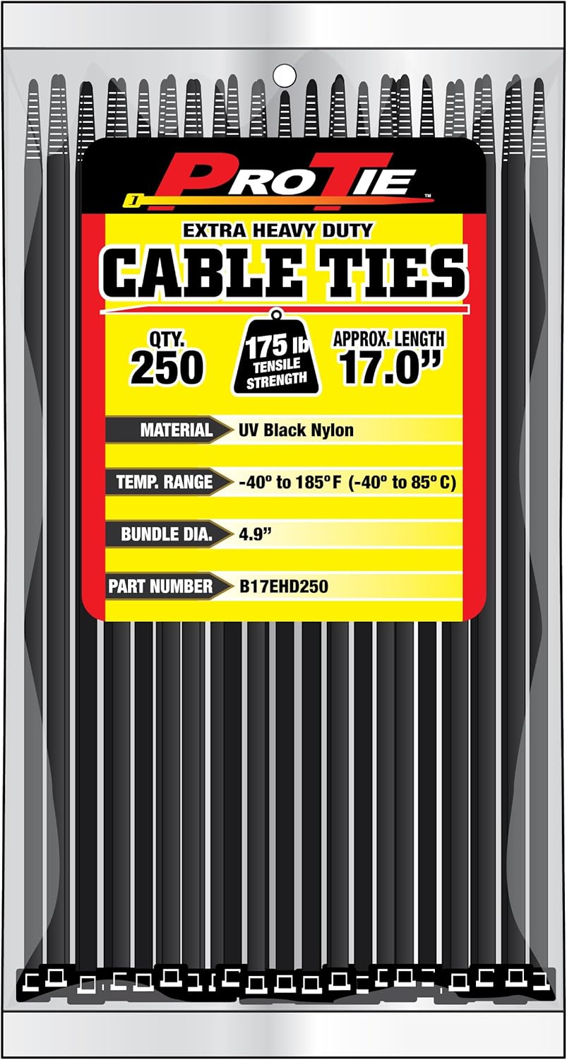 Pro Tie Extra Heavy Duty Cable Ties, Self-Locking Nylon Cable Wire Ties for Indoor and Outdoor Use | 17-Inch, 175 lbs. Tensile Strength, UV Black Nylon, 250-Pack (PN: B17EHD250)