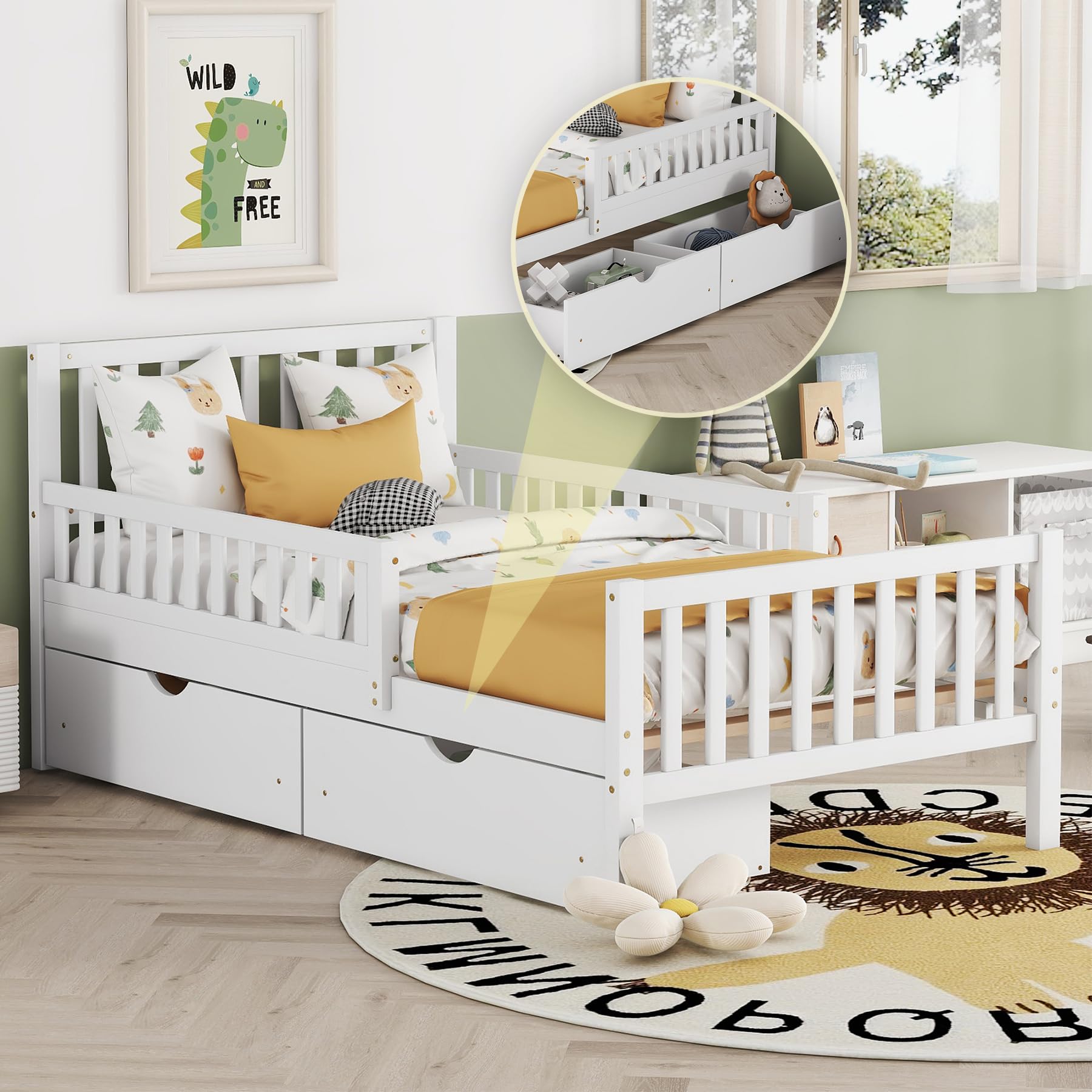 Polibi Twin Size Wood Platform Bed with Guardrails on Both Sides and Two Storage Drawers,Space Saving Twin Bed Frame,White