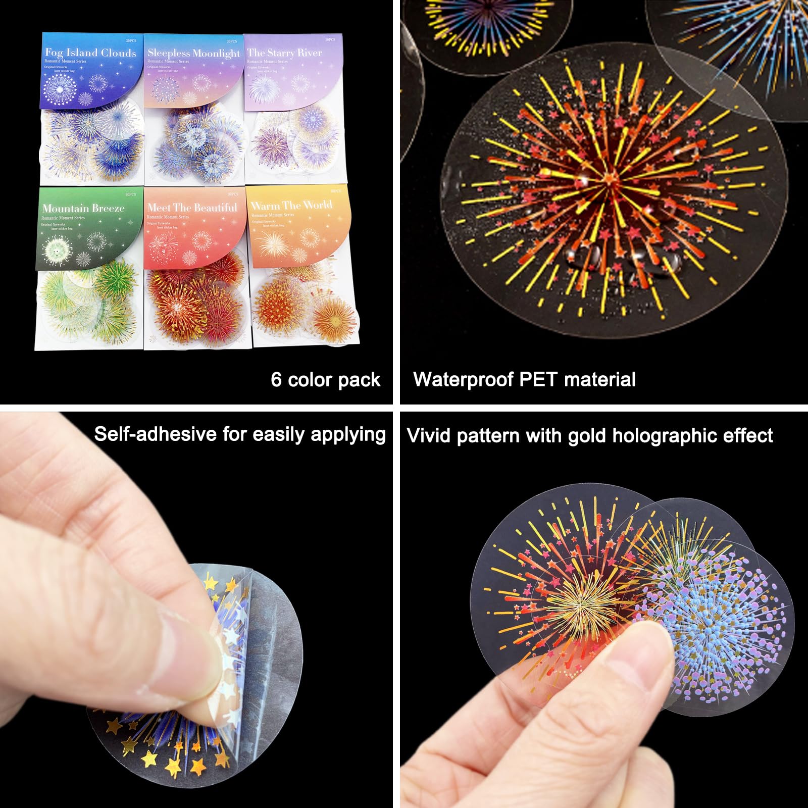 PET-Feuerwerk-Aufkleber, selbstklebend, glitzernd, dekorative Aufkleber für Scrapbooking, Bullet Journal, Planer, Album, Fotorahmen, Basteln, DIY, 180 Stück