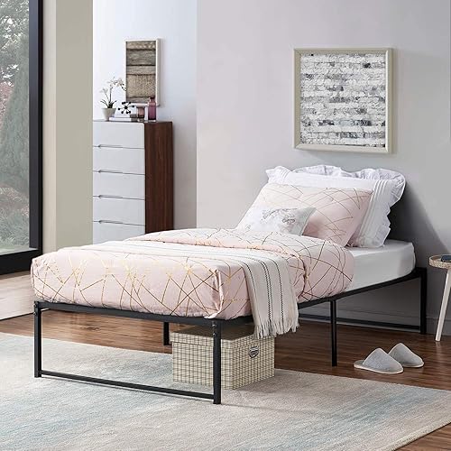 VECELO Base de cama de plataforma metálica, no necesita somier, base de colchón, soporte de listones de acero, color negro (individual)