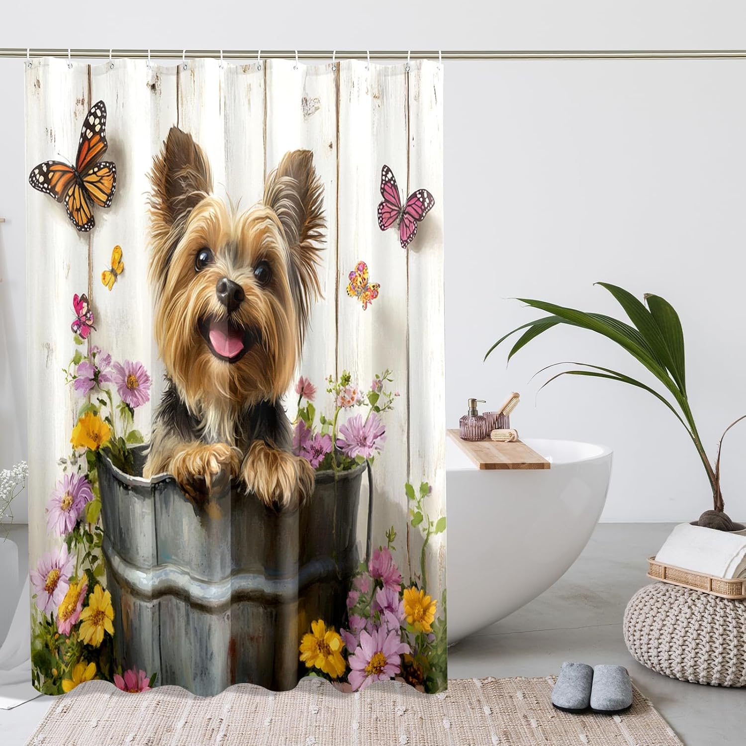 Spring Cute Yorkie Dog Shower Curtain, Rustic Flower Wood Shower Curtains for Bathroom, Pet Puppy Bath Pattern Decor Accessories Set -72"x78"