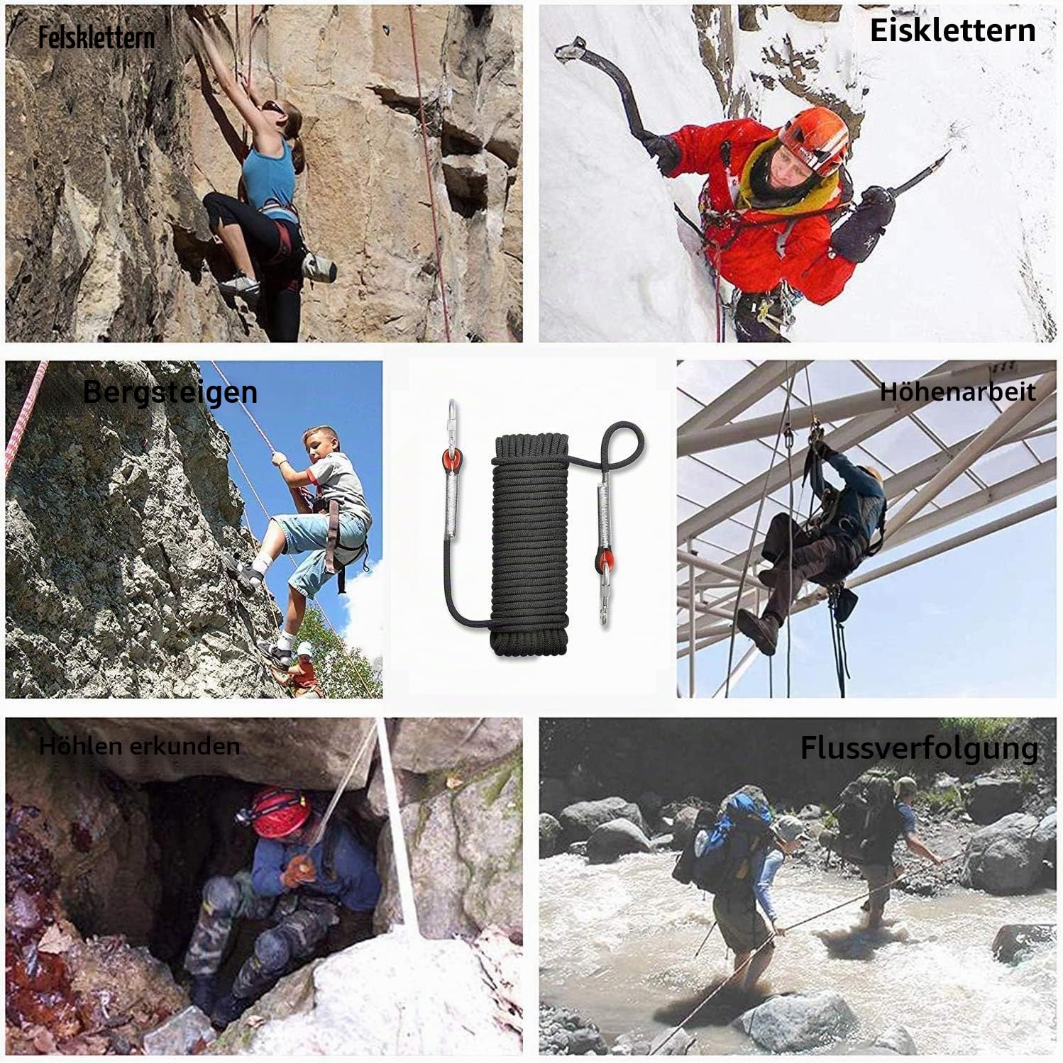 Outdoor-Kletterseil+schnell trocknendes Handtuch,Nylon Seil Klettern Sicherheitsseil Durchmesser 10.5mm,Lagergewicht 1200kg,mit 2 Karabinern