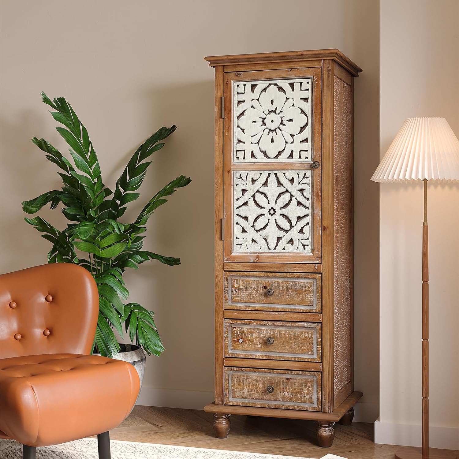LKTART Solid Wood Accent Storage Cabinet with Carved Doors,54" Tall Thin Storage Cabinet with Drawers for Entryway,Kitchen,Living Room