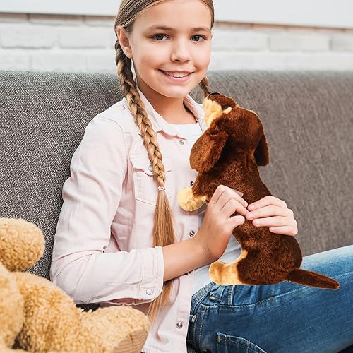 Miniatura 9 de Peluche de perro salchicha de peluche suave con pompón 3D para niñas, regalo de cumpleaños, Navidad, hora de acostarse, reposo, silla, decoración