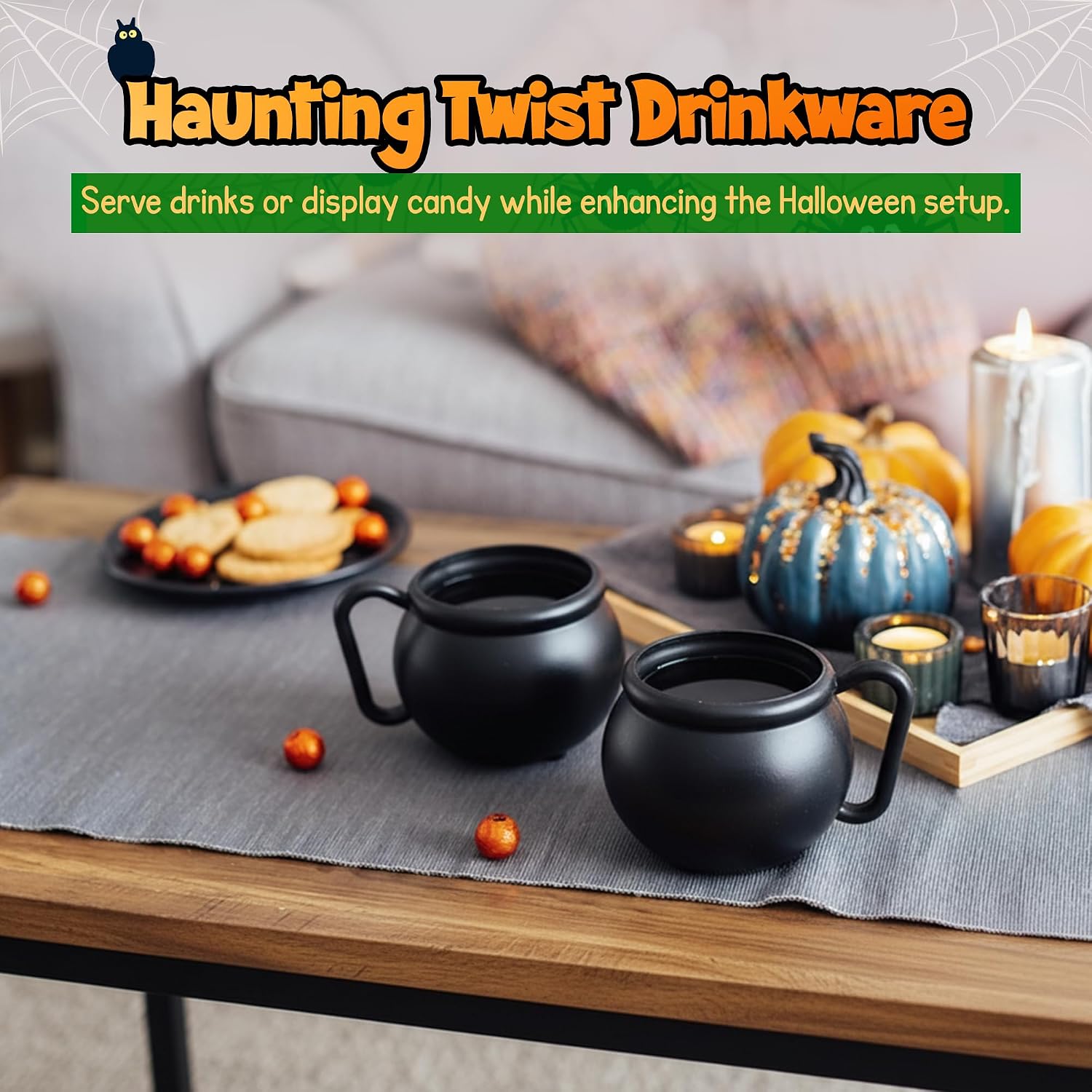 4E's Novelty Set of 12 Black Cauldron Mugs 12 oz, Cauldron Cups for Drinks - Durable BPA-Free Plastic Halloween Mugs, Witch Mug Party Favors, Spooky Decor Table Party Supplies Drinkware