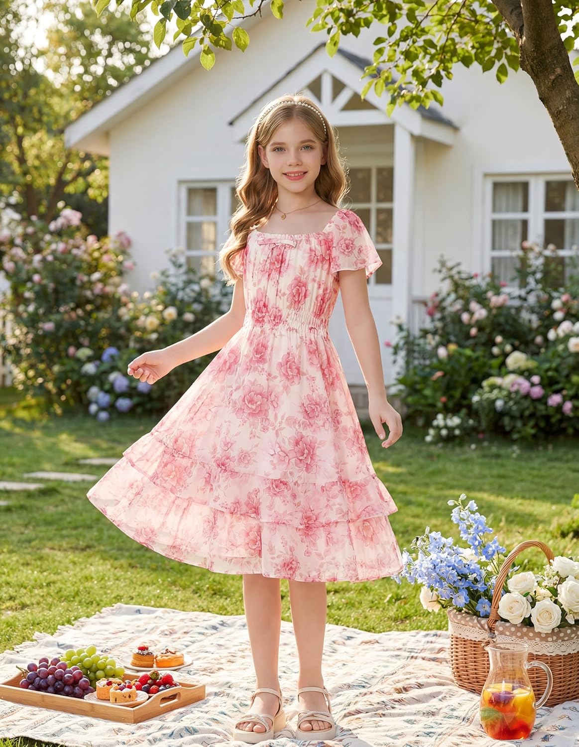 GRACE KARIN Girls Floral Summer Dress Flutter Sleeve Square Neck Midi Casual Dress for Girl 6-14Y - Image 5