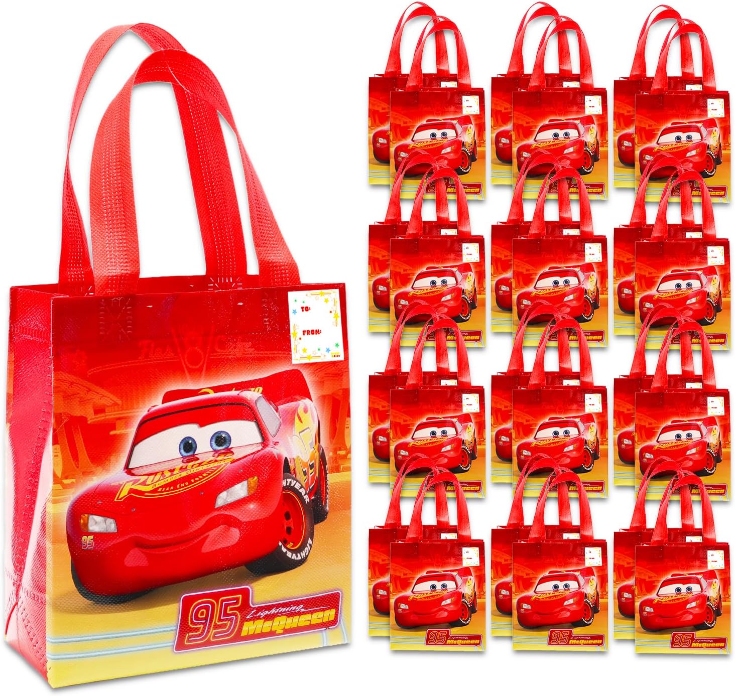 Disney Cars Party Favor Bags for Kids Birthday 24 Pack Bundle | Mini 8" Lightning McQueen Party Goodie Bags, Bulk Reusable Tote Canvas Gift Bags - Disney Cars Party Supplies for Boys Girls