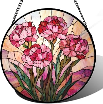 Stained Glass Window Hanging Pink Carnations 6.3" - Flower Suncatcher Door Garden Sun Catcher Home Decor Birthday Womens Day for Mom Woman Friend Nana Mother