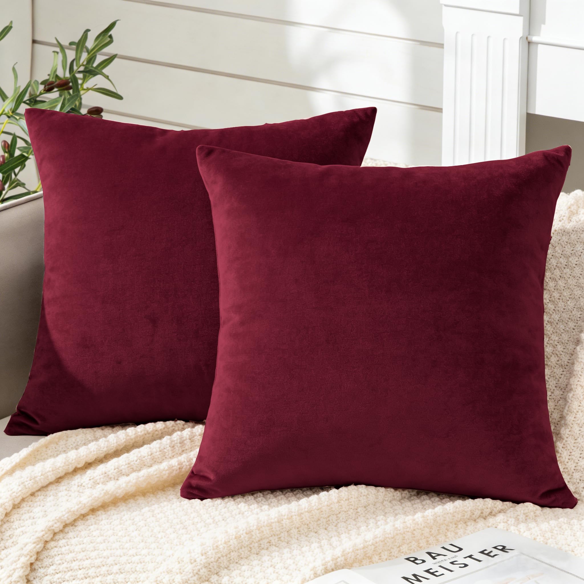 Soifox Pack of 2 Velvet Cushion Covers Red Decorative Square Throw Pillow Covers Pillowcases 45x45 cm 18x18 Inch Cushion Case Home Decor Pillow Cases for Couch Sofa Living Room Bed