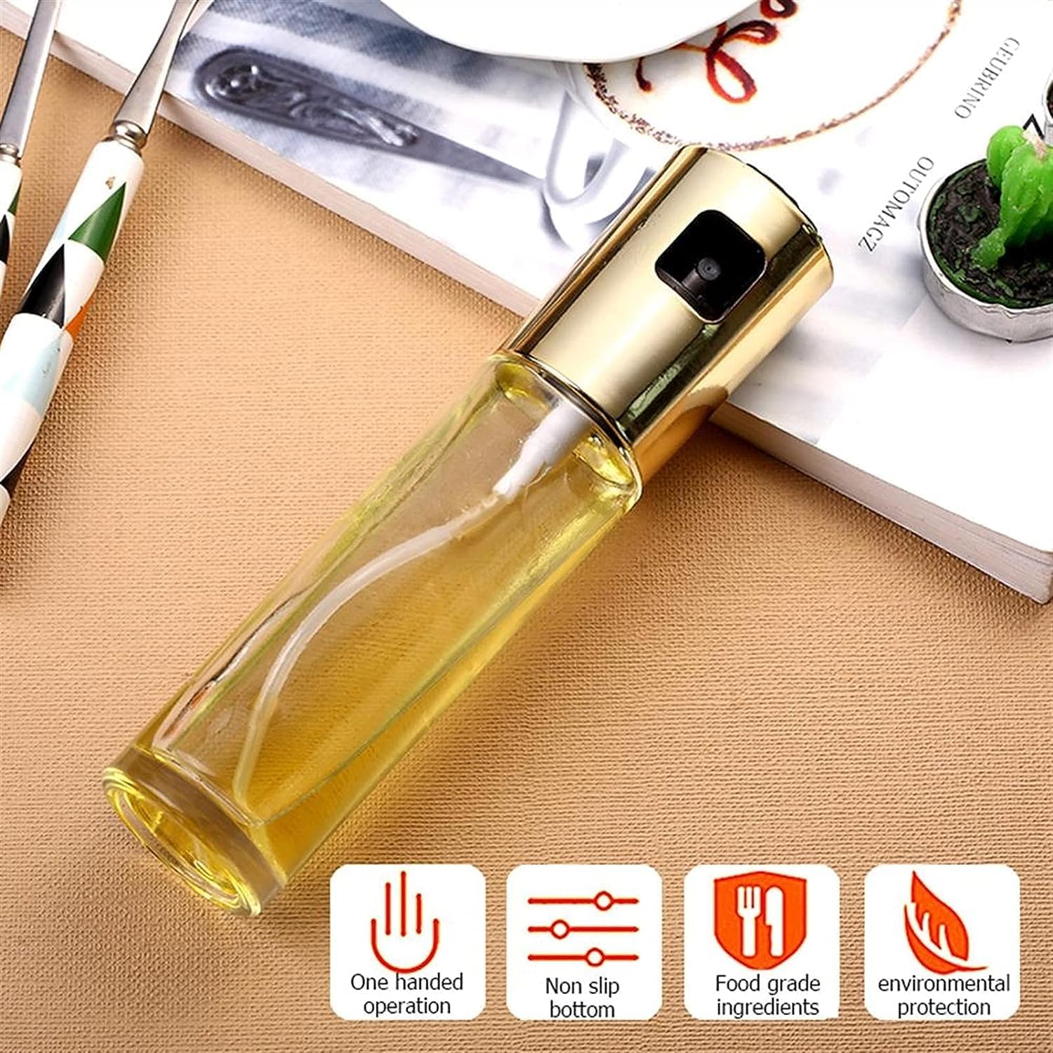 EFARMA Oil Dispenser for Kitchen, 100ML Glass Oil Spray Bottle Stainless Steel Olive Oil Vinegar Sprayer Oil Spray Bottle Oil Pot for Kitchen Cooking Tool BBQ (Color : Gold) (Color : Gold)