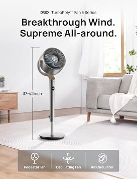DREO Fan for Bedroom, 120+120Omni-directional Oscillating Fan, 90ft, DC Motor, 20 dB Quiet Standing Pedestal Fans, 8 Speeds, 3 Modes Circulator with Remote, 35-40 Adjustable Height, 8H Timer