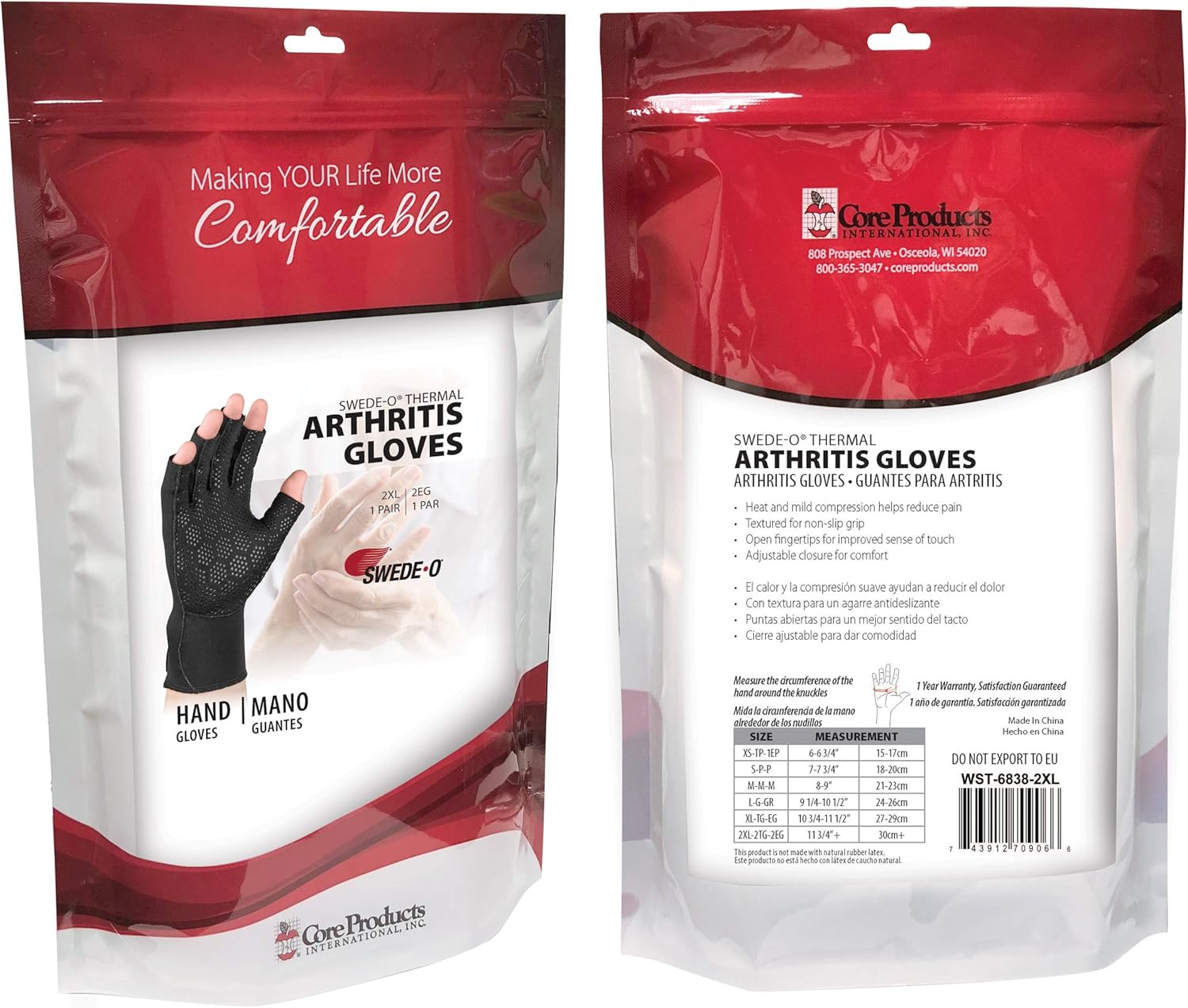 Swede-O Thermal Arthritis Hand Compression Gloves, Fingerless Design, Non Slip Grip, Breathable Fabric 1 Pair - XXLarge