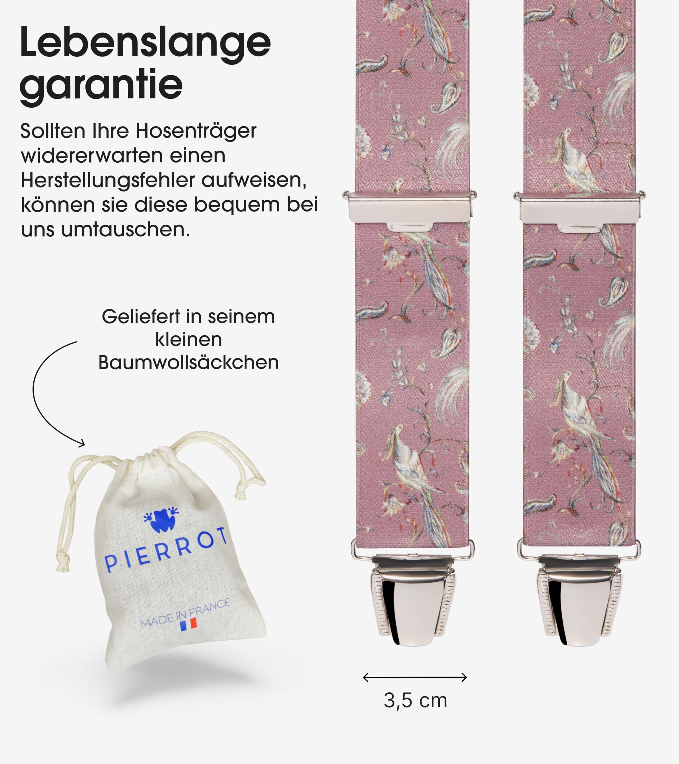 Pierrot Hosenträger für Herren Breit Made in Germany/France - Ultrastarker Gummizug & 4 Extra Starke X-Clips - Verstellbare Länge bis zu 130cm - Garantie auf Lebenszeit