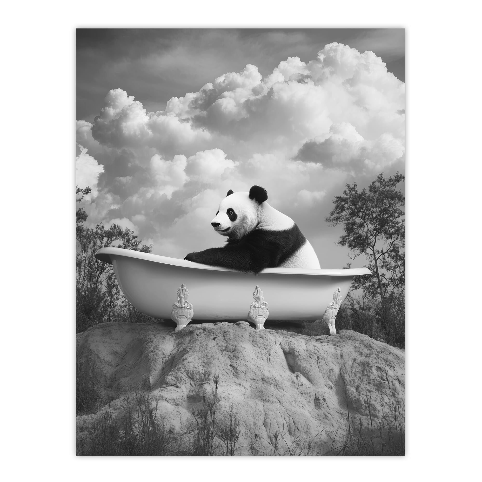 Artery8 Panda Bear in Elegant Bathtub Black White Surreal Bathroom Toilet Large Wall Art Poster Print Thick Paper 18X24 Inch