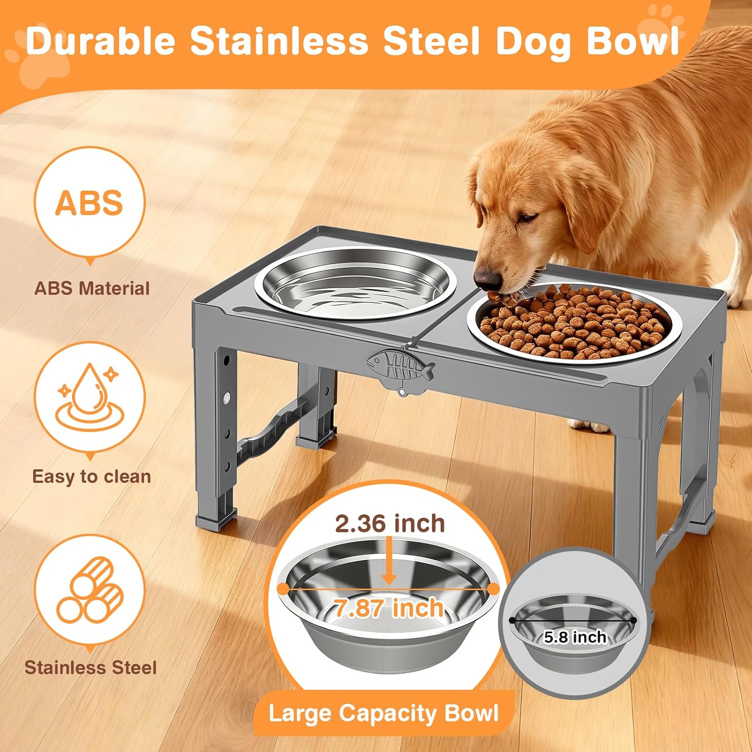 Elevated Dog Bowls Stand with 5 Heights from 3.8" to 13.4", Raised Dog Bowl Suitable for Medium & Large Sized Dogs, Adjustable Pet Food Stand with 2 Stainless Steel Bowls, Foldable Feeder (Grey)