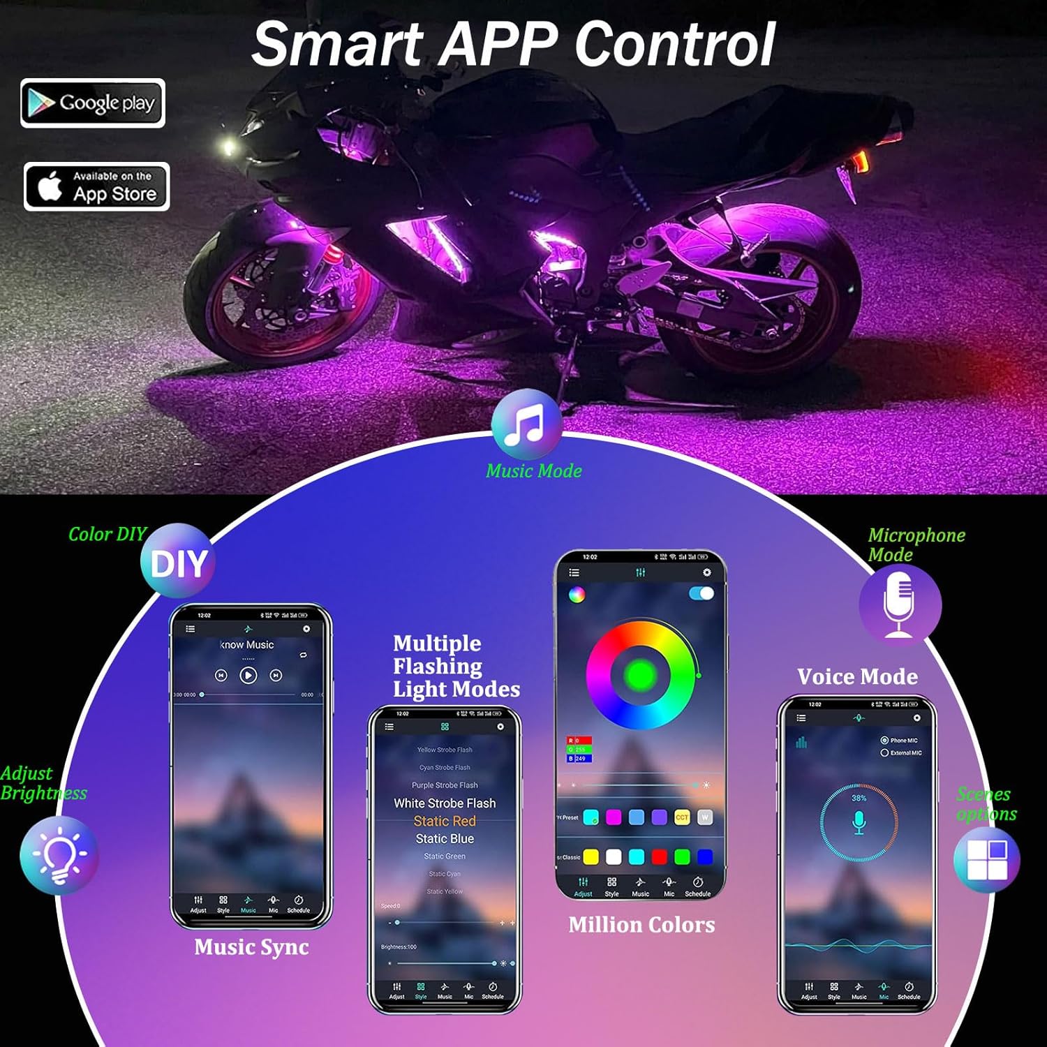 YUGUANG 12PCS Motorcycle Underglow Kit, Motorcycle Lights Underglow Kit with APP Control Multi-Color Music Sync Waterproof RGB Under Glow for Motorcycles