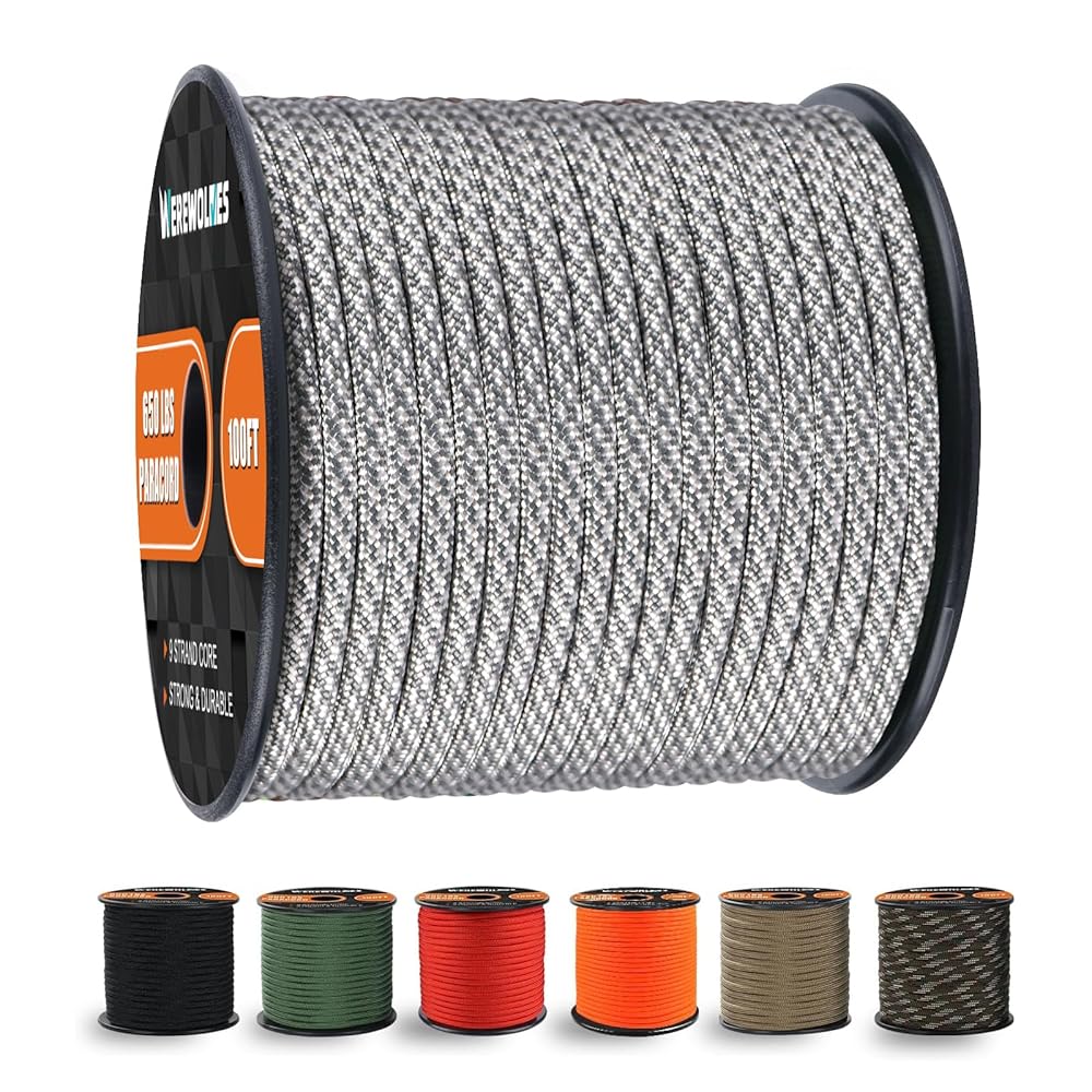 WEREWOLVES 650lb Paracord/Parachute Cord - 9 Strand Paracord Rope - 100\', 200\' Spools of Parachute Cord, Type III Paracord for Camping, Survival (Grey-White Camo, 100 Feet)