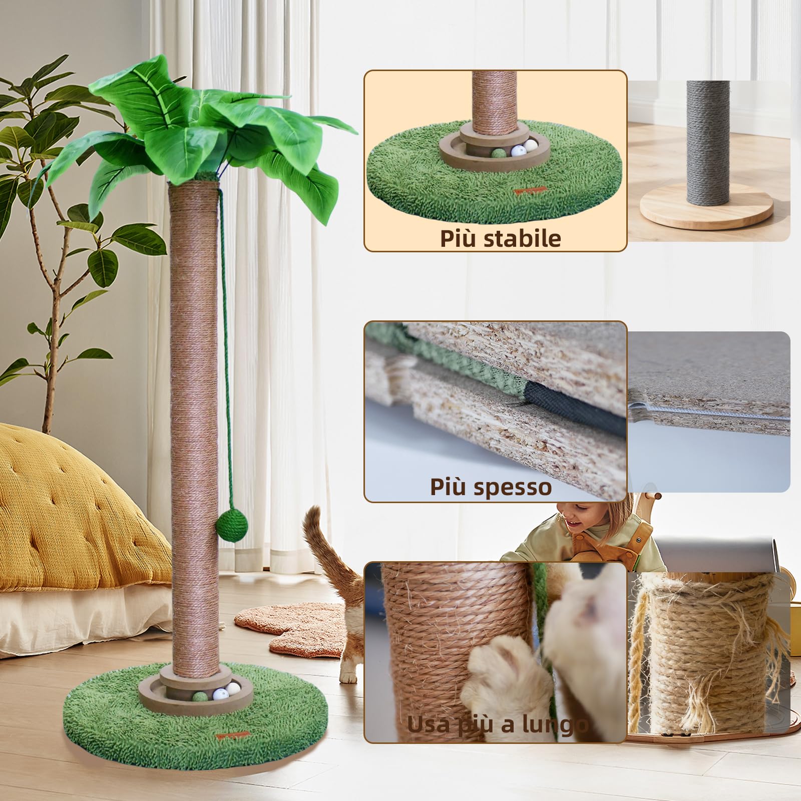 Meowoou Tiragraffi per Gatti, Alto 84 cm con Corda in Sisal per Gatti Da Interno Adulti Graffiatoio in Carino per Gattini Verde Palo, Dotato di Pista con Palline