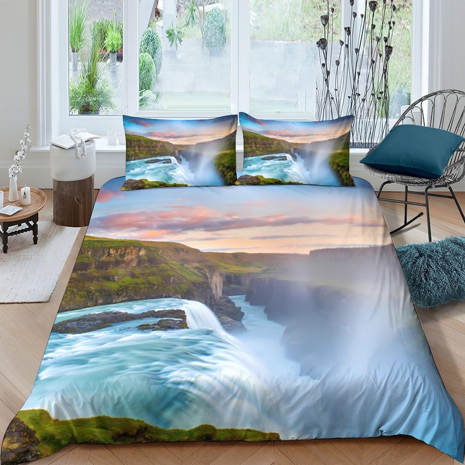 Ctjqhvkz Style-10 3D Printed Waterfall Sunset Fitted Sheet Microfiber Anti-Slip Bedroom Decor Forest Bed Cover Machine Washable Single（135X200cm）