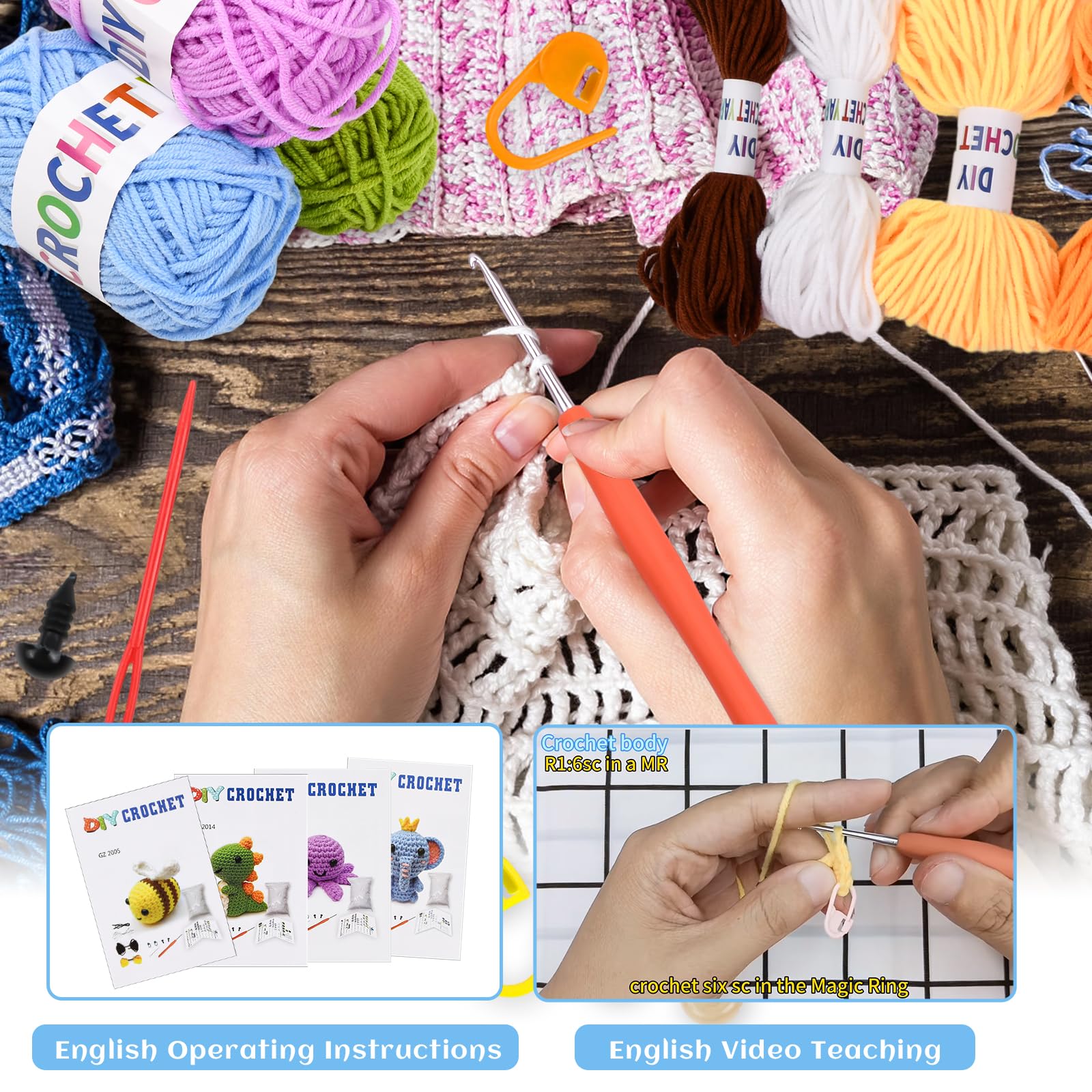 Rapidbok DIY Crochet Kit Principiantes,Kit de Ganchillo para Principiantes,con 4 patrones diferentes de ganchillo de animales (Elefante/Dinosaurio/Abeja/Pulpo),para DIY y Tejido a Mano