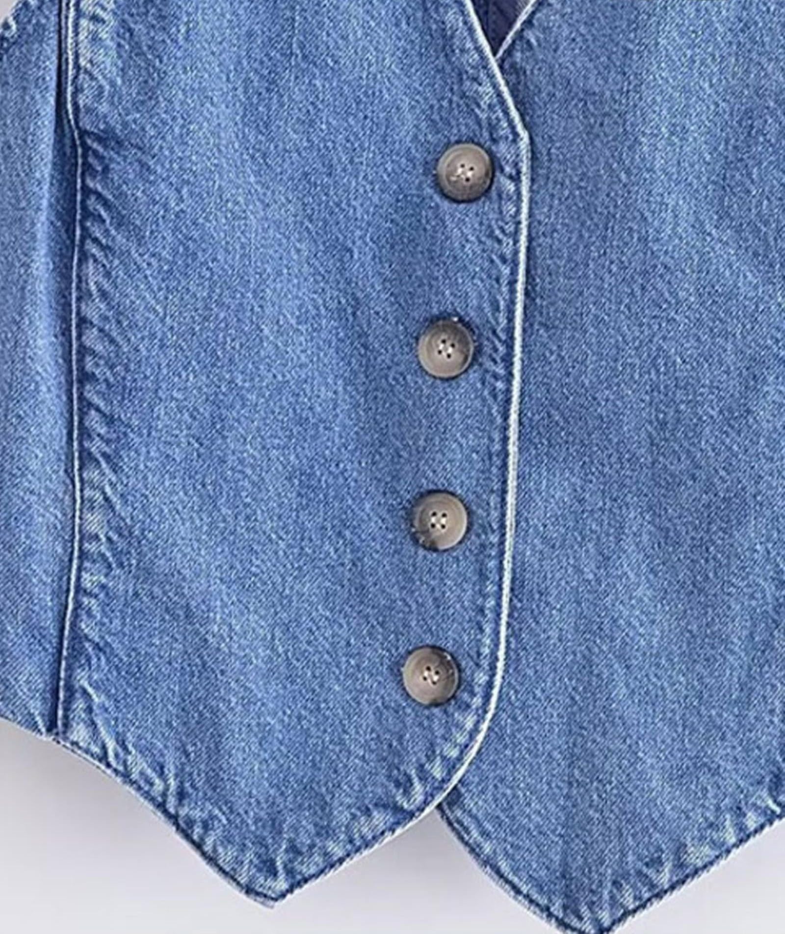 TRAF damska modna kamizelka dżinsowa z przodu na guziki vintage dekolt w serek bez rękawów damska odzież wierzchnia eleganckie topy