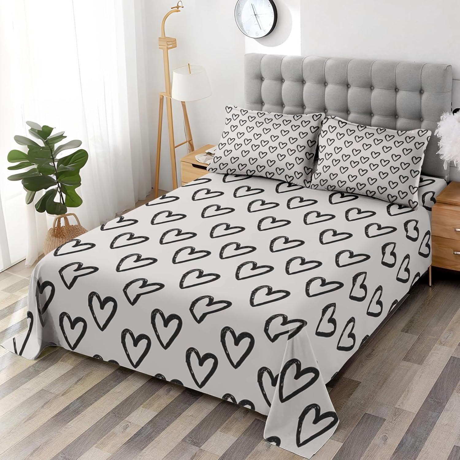 Pamnest Queen Size Bed Sheet Sets, Cute Heart Love Girls Soft Microfiber 4 Pcs Bedding Sets for Kids and Adults Bedroom Bed Decor, White Black Abstract Flat, Fitted Sheet and 2 Pillowcases