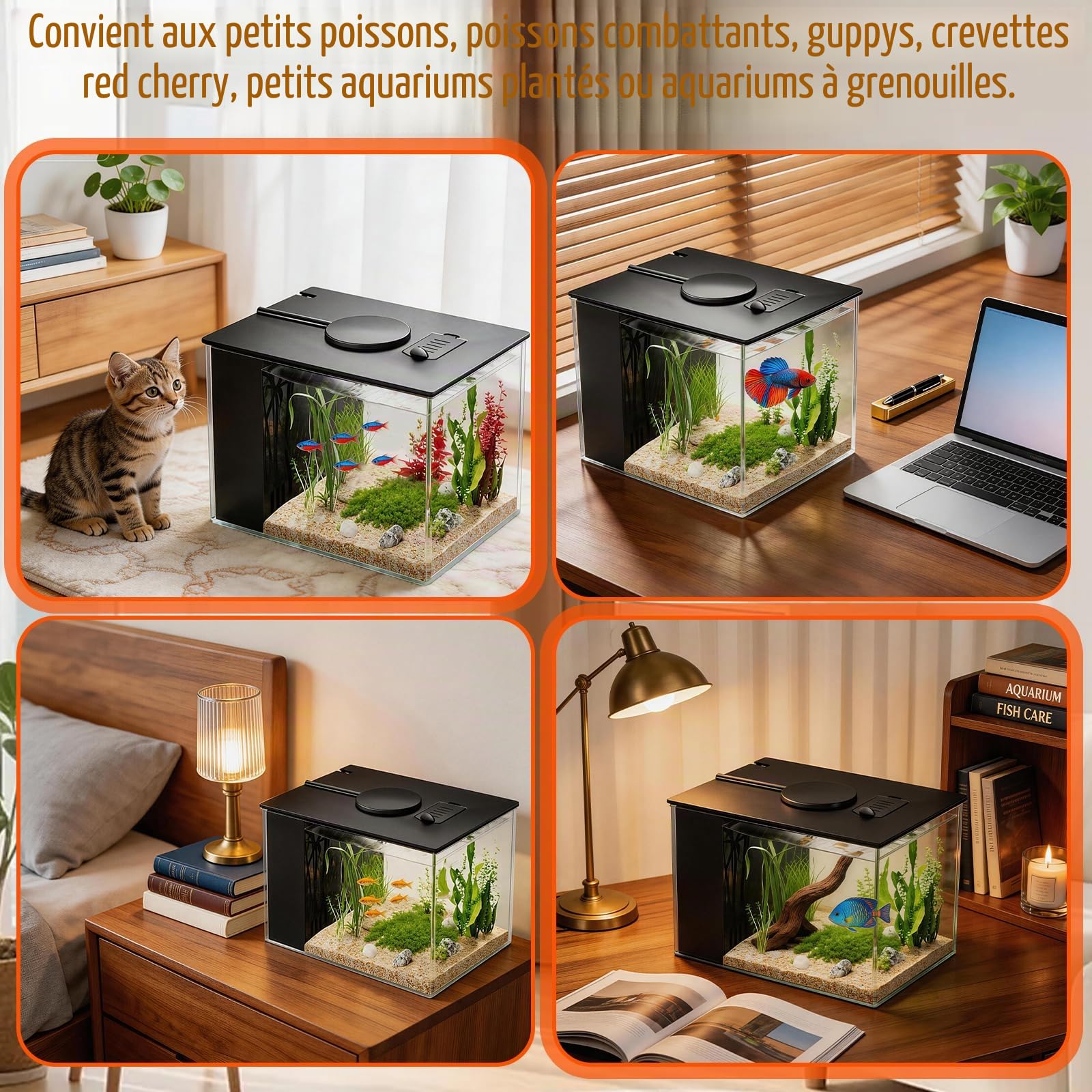 Mini-Aquarium en Acrylique de 3,7 L avec Pompe-Filtre, éclairage LED, kit Complet pour Petit Aquarium à Betta, adapté aux Petits Poissons, crevettes et Plantes (Noir)