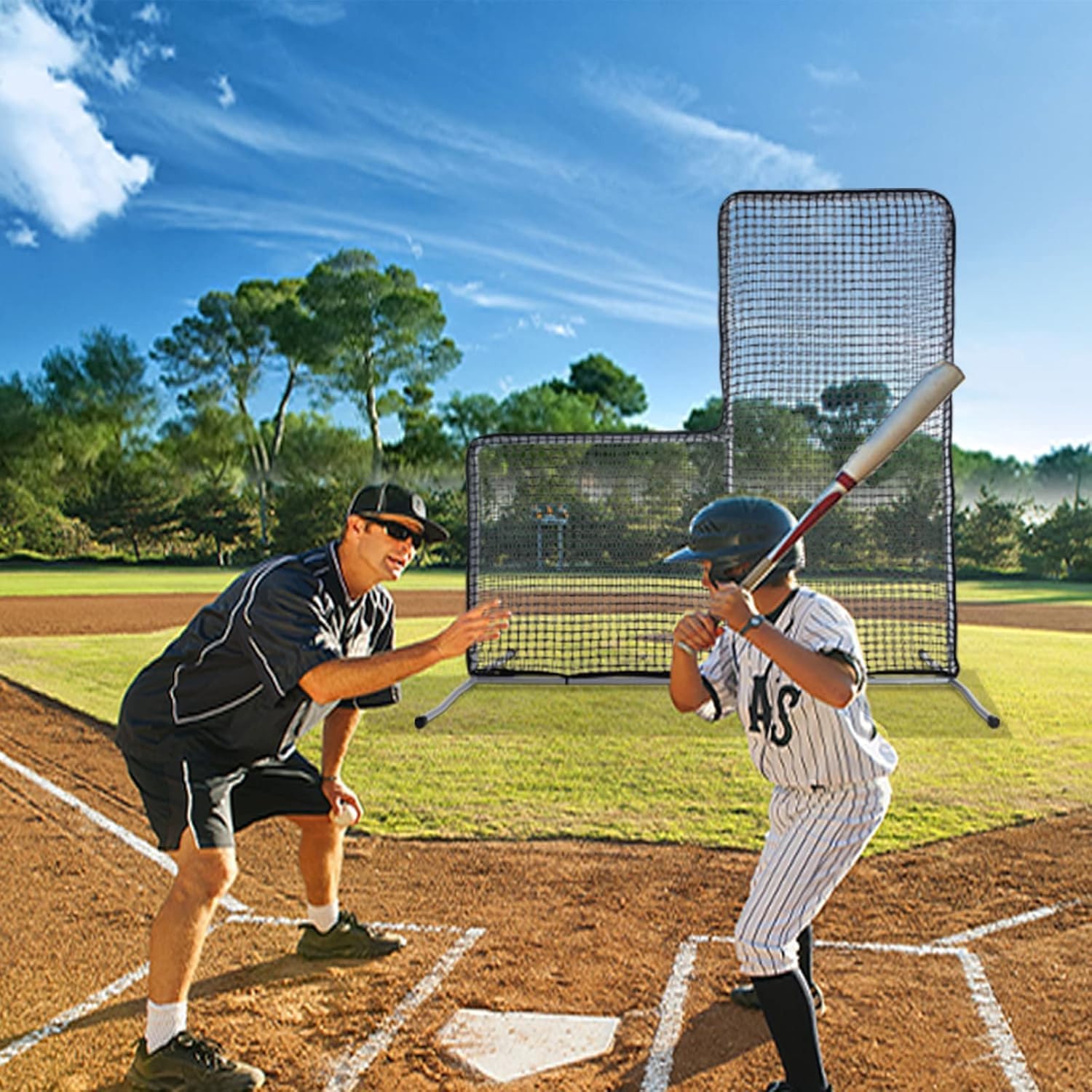 Baseball Pitching L Screen - 7X7FT Portable Baseball & Softball Safety Screen Heavy Duty Steel Frame Training Equipment for Safety Protection
