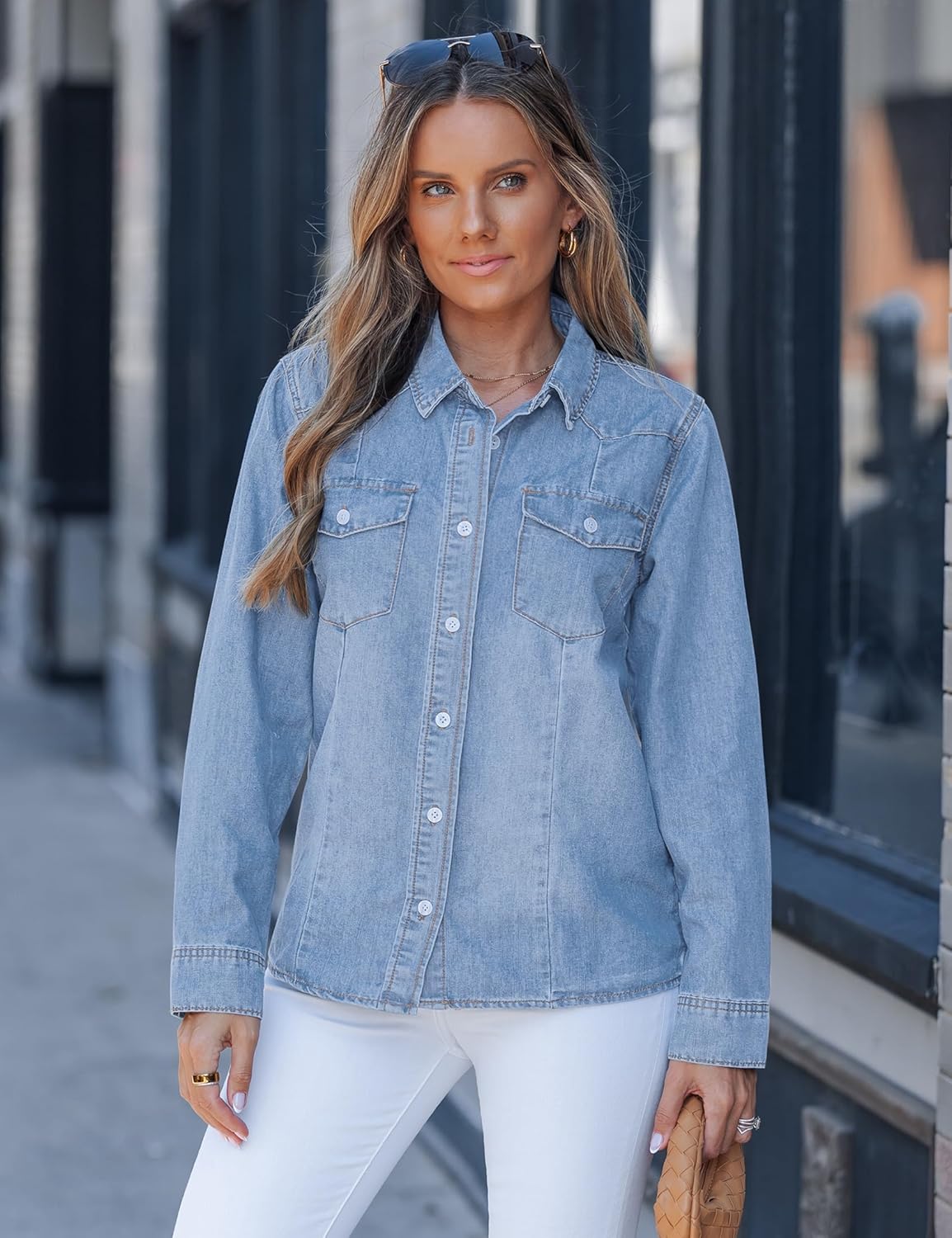 luvamia Denim Shirts for Women Long Sleeve Button Down Chambray Relaxed Fit Western Jean Shirts Casual Collared Jean Top - Image 5