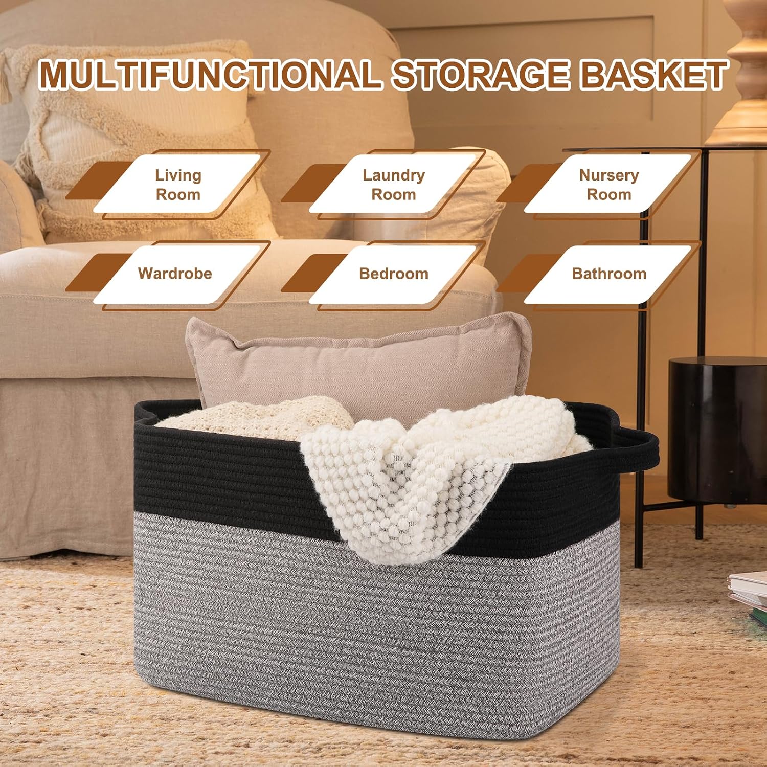 OIASKET Blanket Basket for Living Room, Woven Cotton Rope Basket for Storage Clothes, Towels, Pillows, Toy Storage Bin for kids with Handles, 20" x 16" x 12", Black and Grey