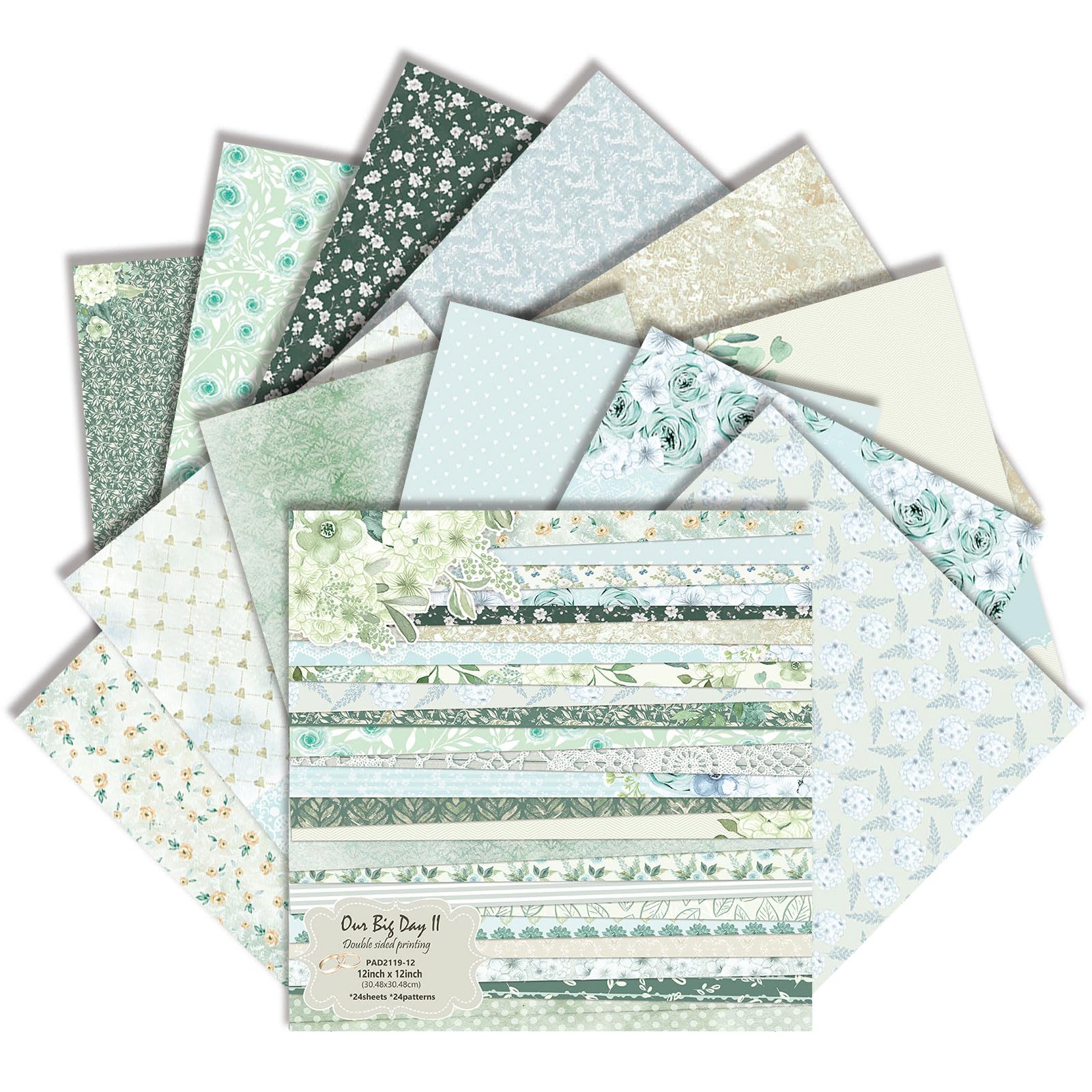 Scrapbook Paper, 24 Sheets 12x12 Inch Double Sided Nature Patterned Scrapbook Supplies,160gsm Scrapbooking Paper Pack for Wedding, DIY Crafts (Green Floral)