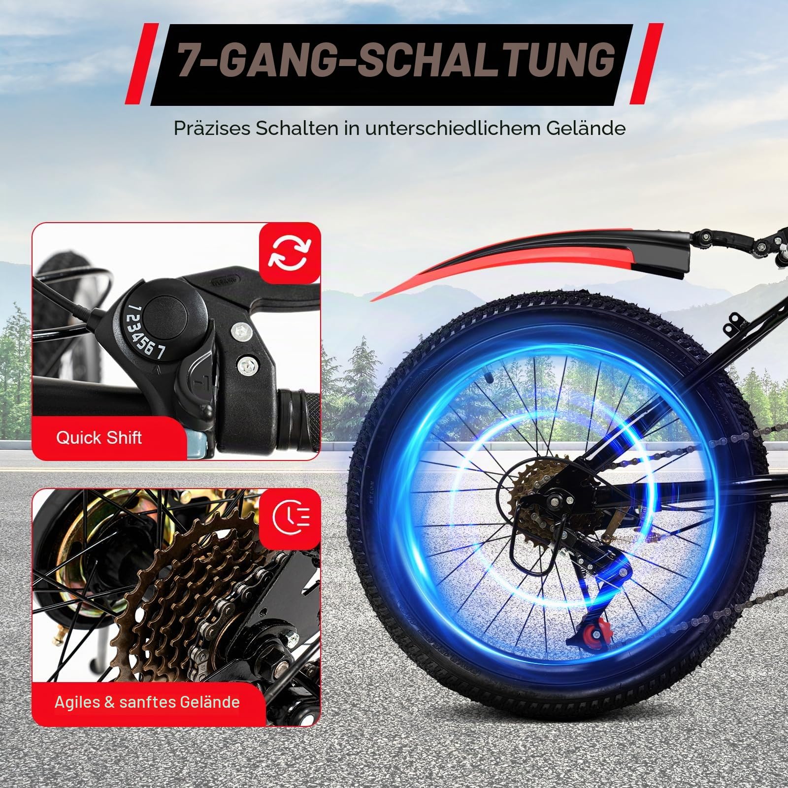 20 Zoll Mountainbike, 7-Gang Fahrrad Kohlenstoffstahl Rahmen, Höhenverstellbar mit Klemmbremse und Haltebremse, Fahrräder mit Wasserbecher-Halter und Kompass-Glocke für Sport Pendeln