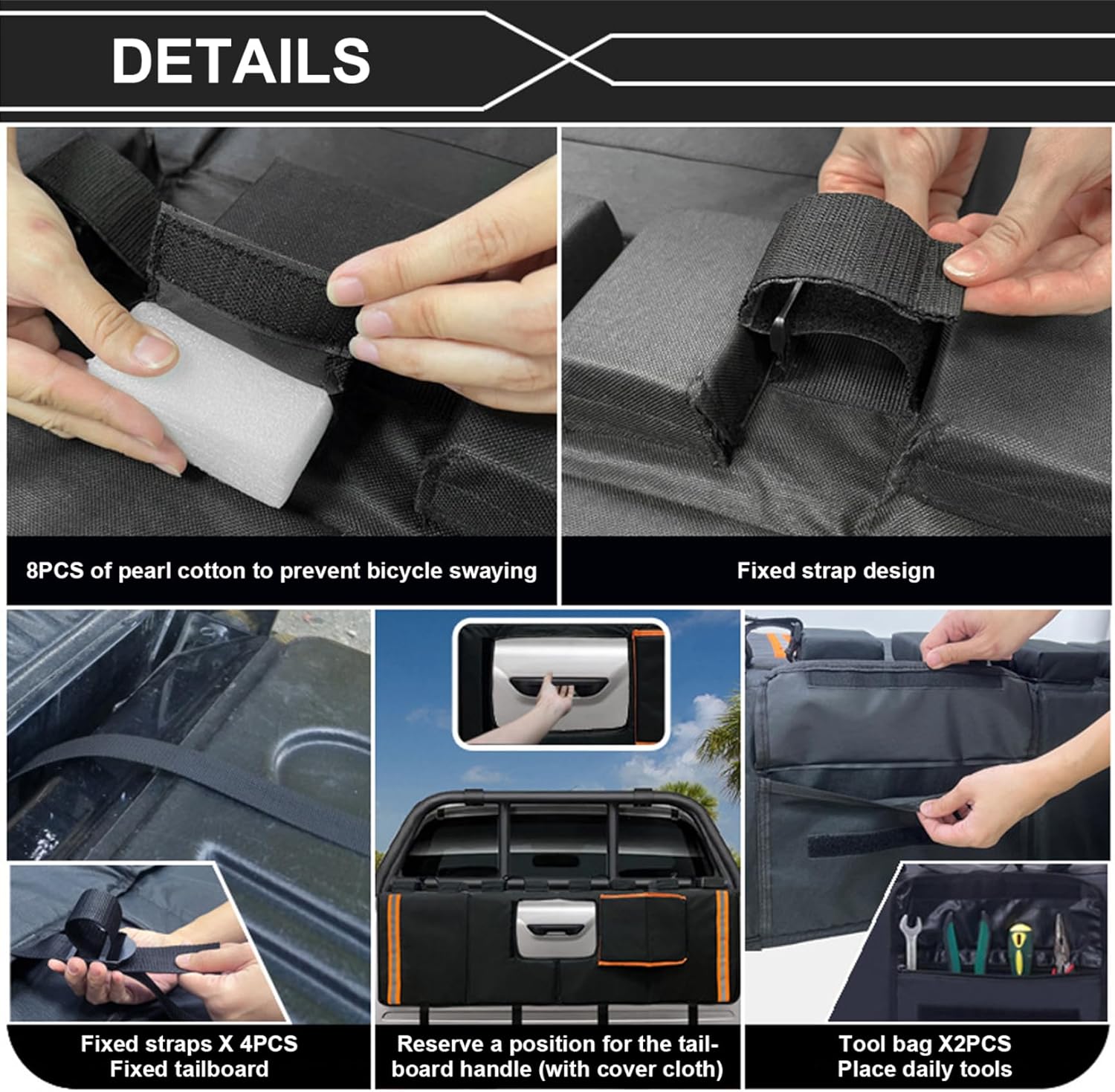 Tailgate Bike Pad, Black Truck Bike Tailgate Pad Anti-Scratch Protection Cover Oxford Fabric Holding 4 Bikes with Secure Straps & Pocket.