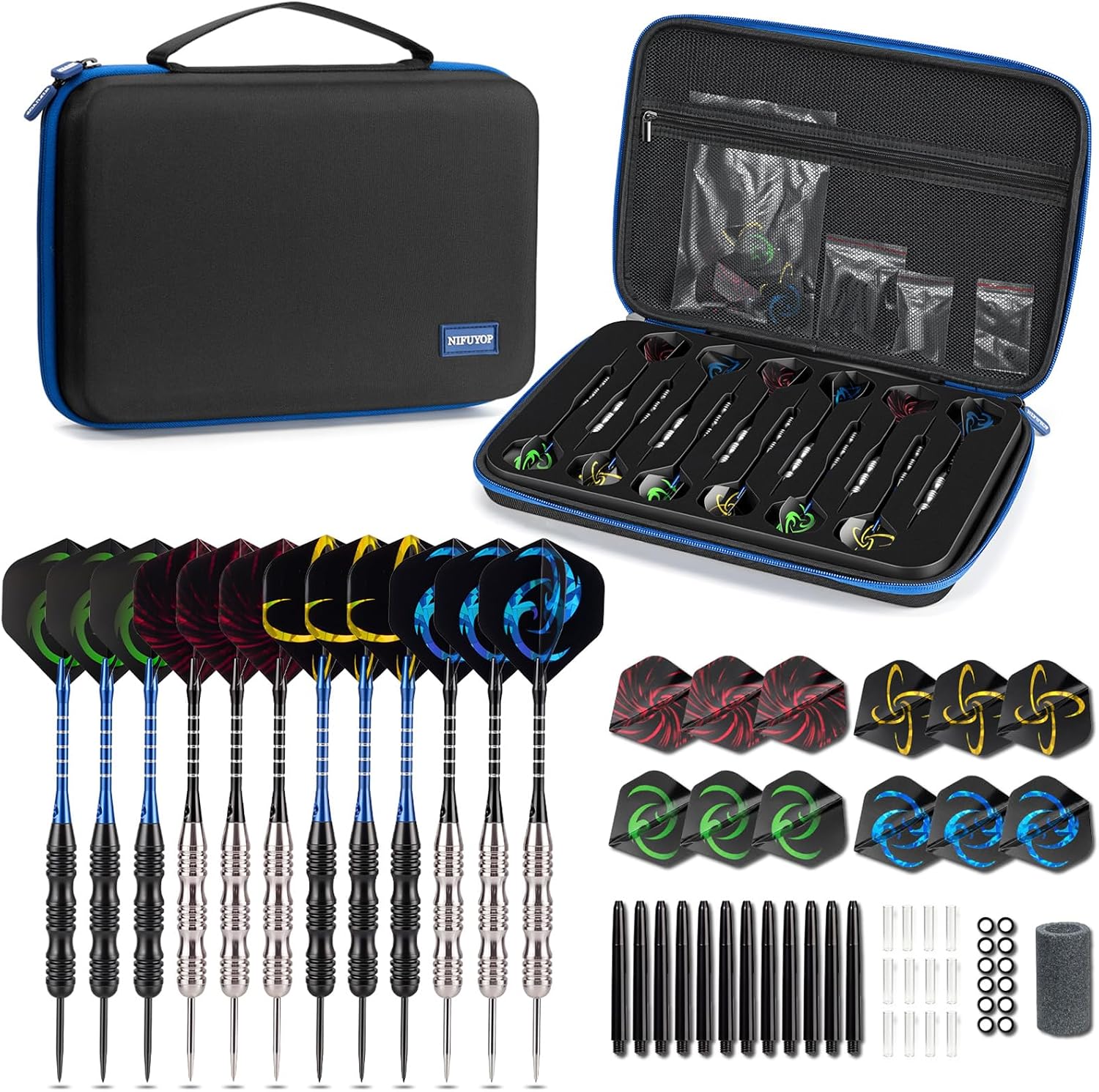 Premium Steel Tip Darts Set, 12 Professional Metal Darts with Hard Carrying Case, Steel Tip Darts with Iron Barrel Aluminum Dart Shafts, Extra Flights, Dart Sharpener and Gift Case, Shining Black