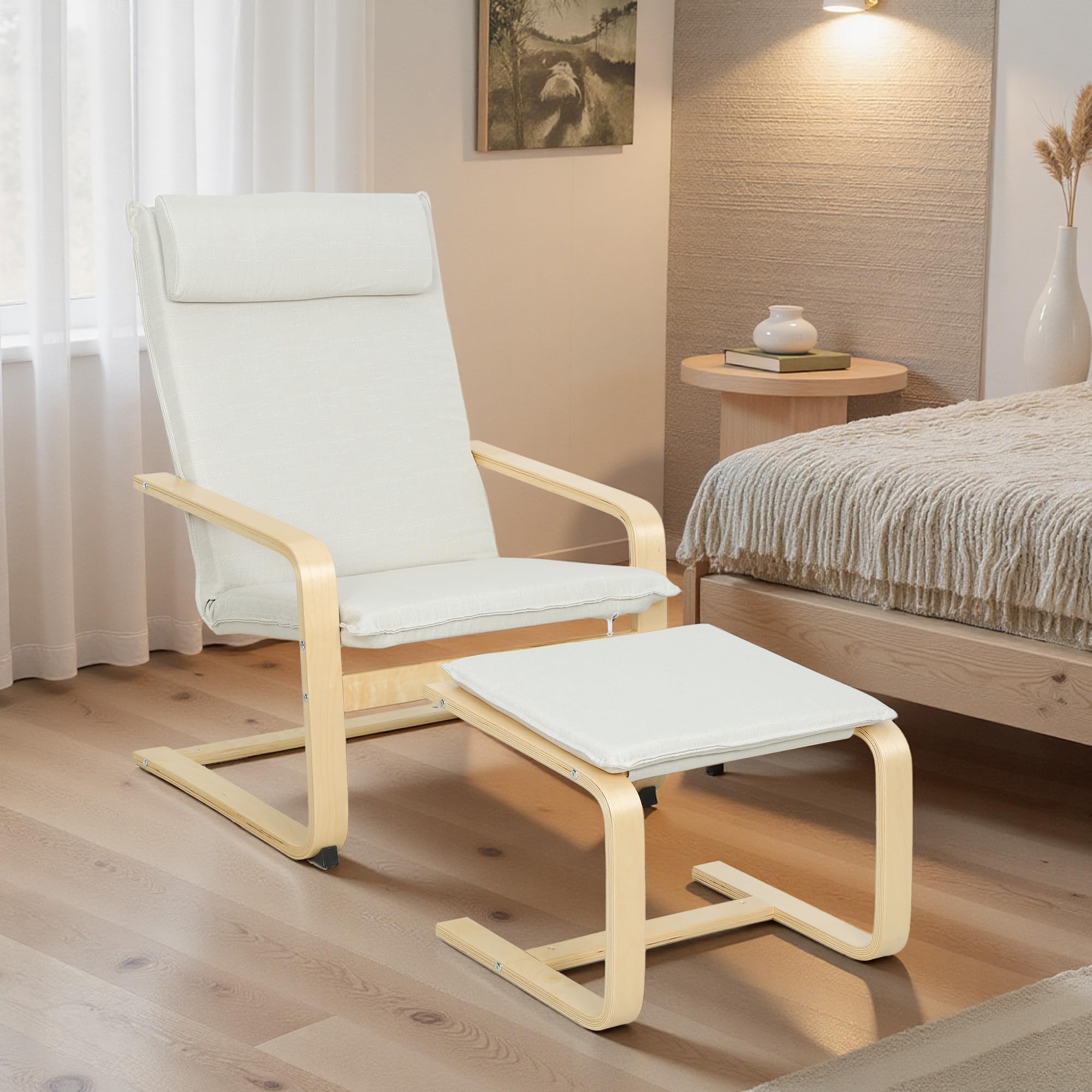 HOMCOM Sillón con Reposapiés Sillón Lectura con Respaldo Alto Reposacabezas Extraíble Patas de Madera y Tapizado en Lino Butaca para Salón Dormitorio Oficina Crema