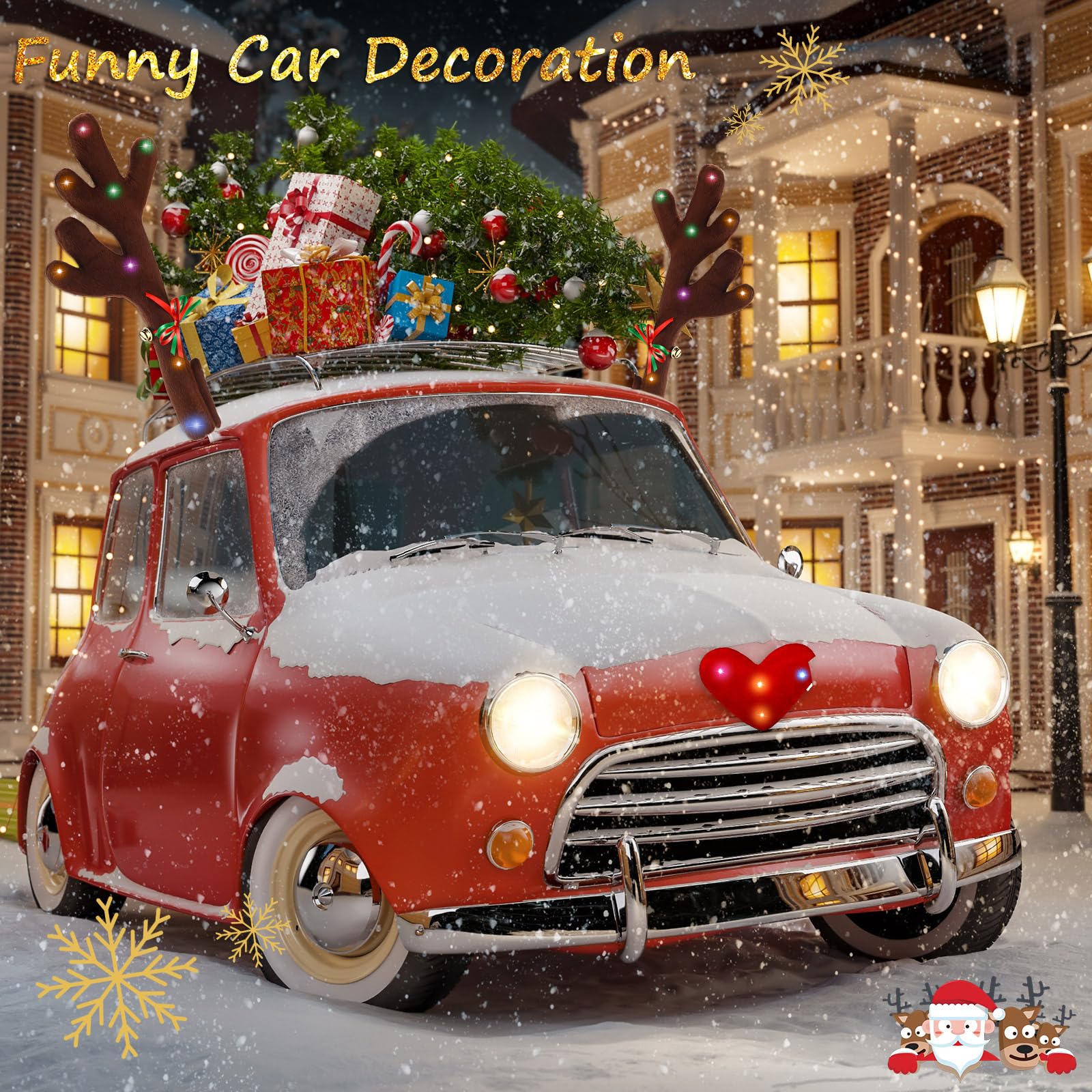 Frienda 2 Pcs Car Reindeer Antler Kit Christmas Decorations with LED Lights Hanging Santa Claus Legs and Deer Nose Star Candy Canes Auto Accessories for Christmas Car Decorations (Cute Style)