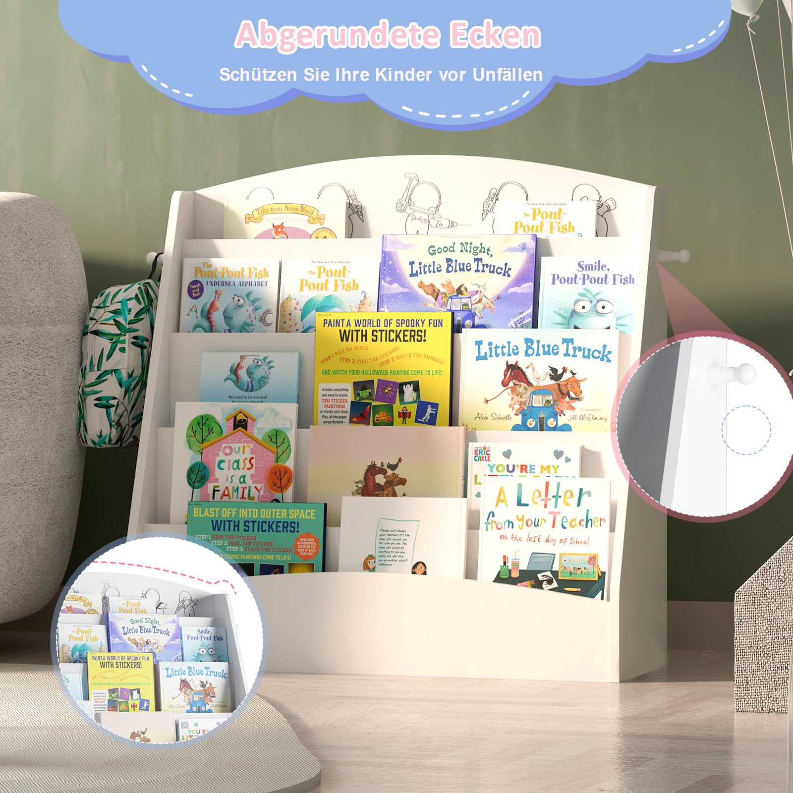KEEPREAPER Kinder Bücherregal mit 5 offenen Fächern und Haken, Kinderregal Holz, Montessori Aufbewahrungsregal für Kinderzimmer, 80x30x75cm (Weiß)