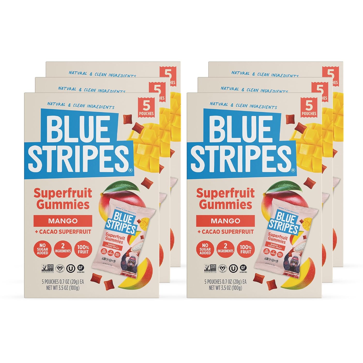 Blue Stripes Mango Cacao Superfruit Gummies - 100% Fruit Snack for Kids & Adults | No Sugar Added, Gluten Free, Vegan Gummy | 30 Single Serve Pouches (0.7oz) for School, Travel (6 × 5-ct boxes)