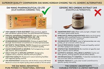 Dai Wang Pharmaceutical Co Ltd - Korean Ginseng Tea. Using High Grade Roots From 6-year-old Ginseng. Each Sachet Contains Extract From 1800mg Panax Ginseng Root, or 80mg/g Saponin. Box of 42 Sachets