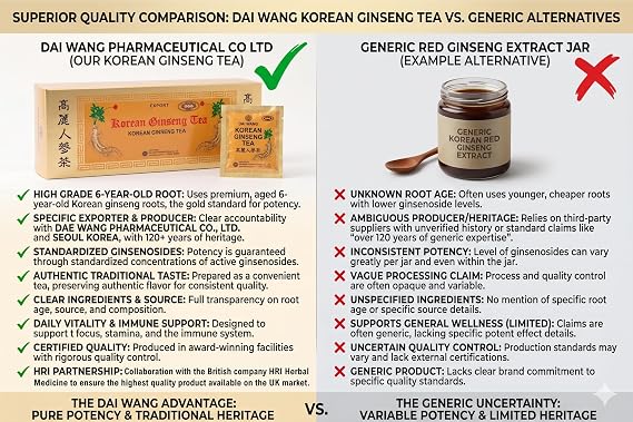 Dai Wang Pharmaceutical Co Ltd - Korean Ginseng Tea. Using High Grade Roots From 6-year-old Ginseng. Each Sachet Contains Extract From 1800mg Panax Ginseng Root, or 80mg/g Saponin. Box of 42 Sachets